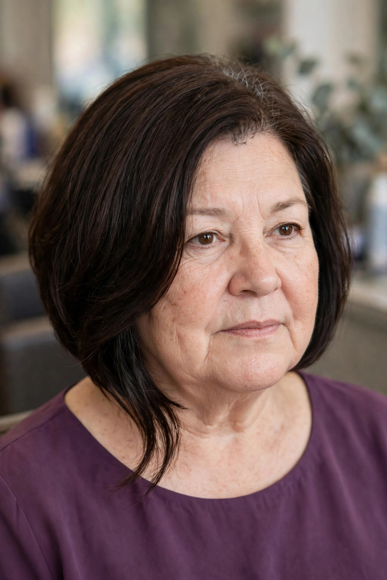 Asymmetrical Bob on a woman over 50 with a round face - slimming hairstyle