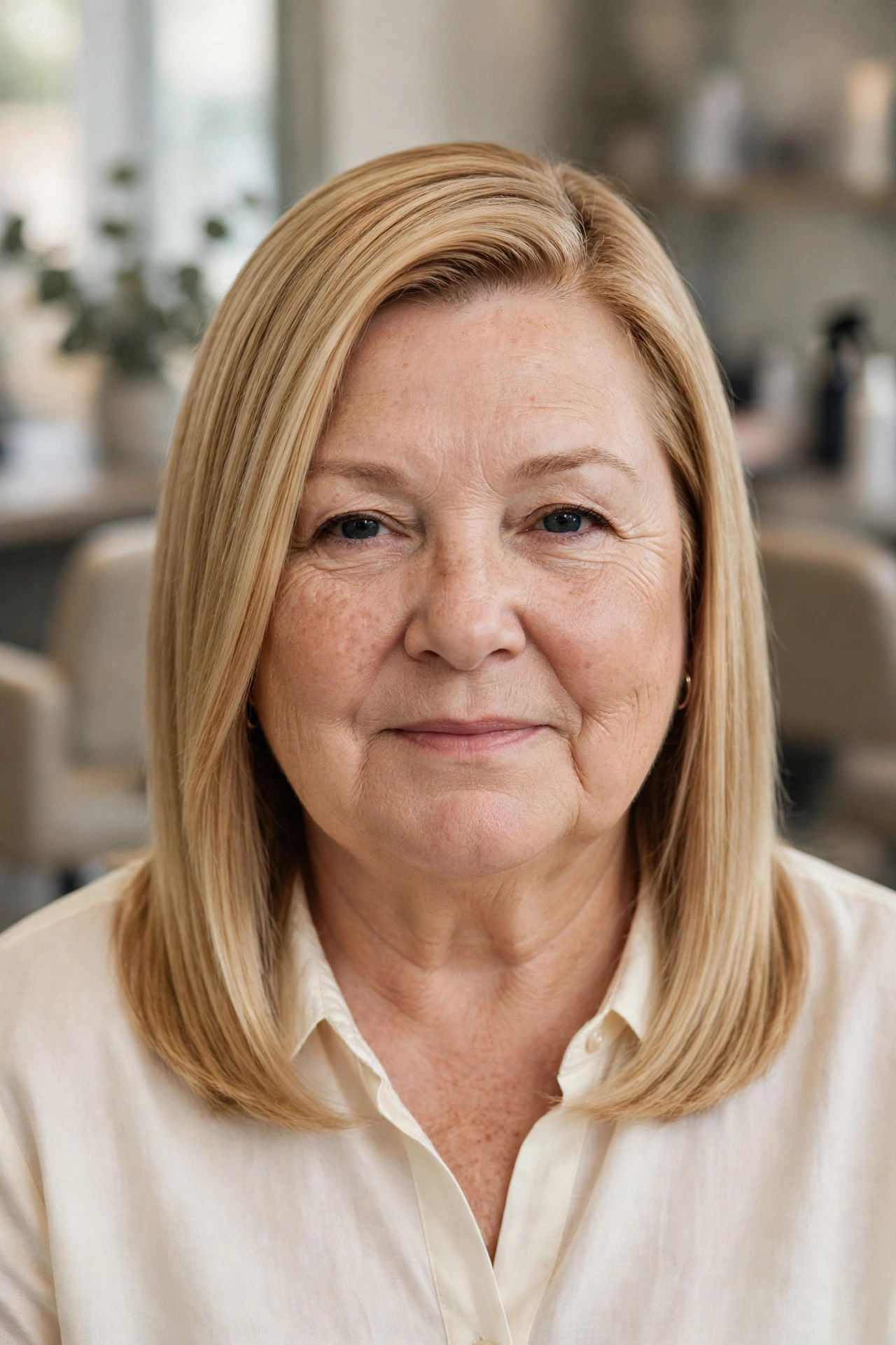 Sleek Collarbone Lob with a Deep Side Part on a woman over 50 with a round face - slimming hairstyle