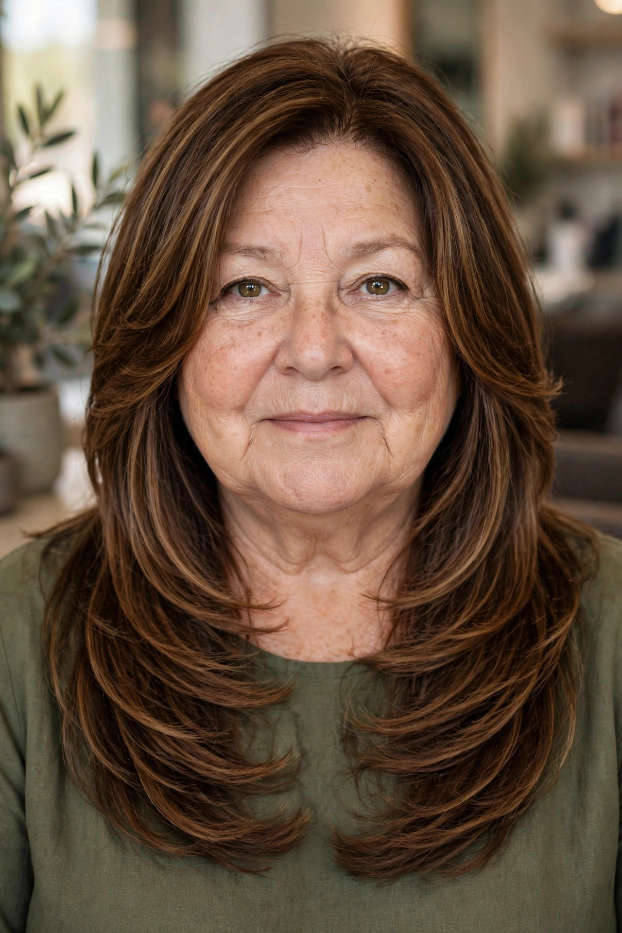 Long Layers That Fall Below the Chin on a woman over 50 with a round face - slimming hairstyle