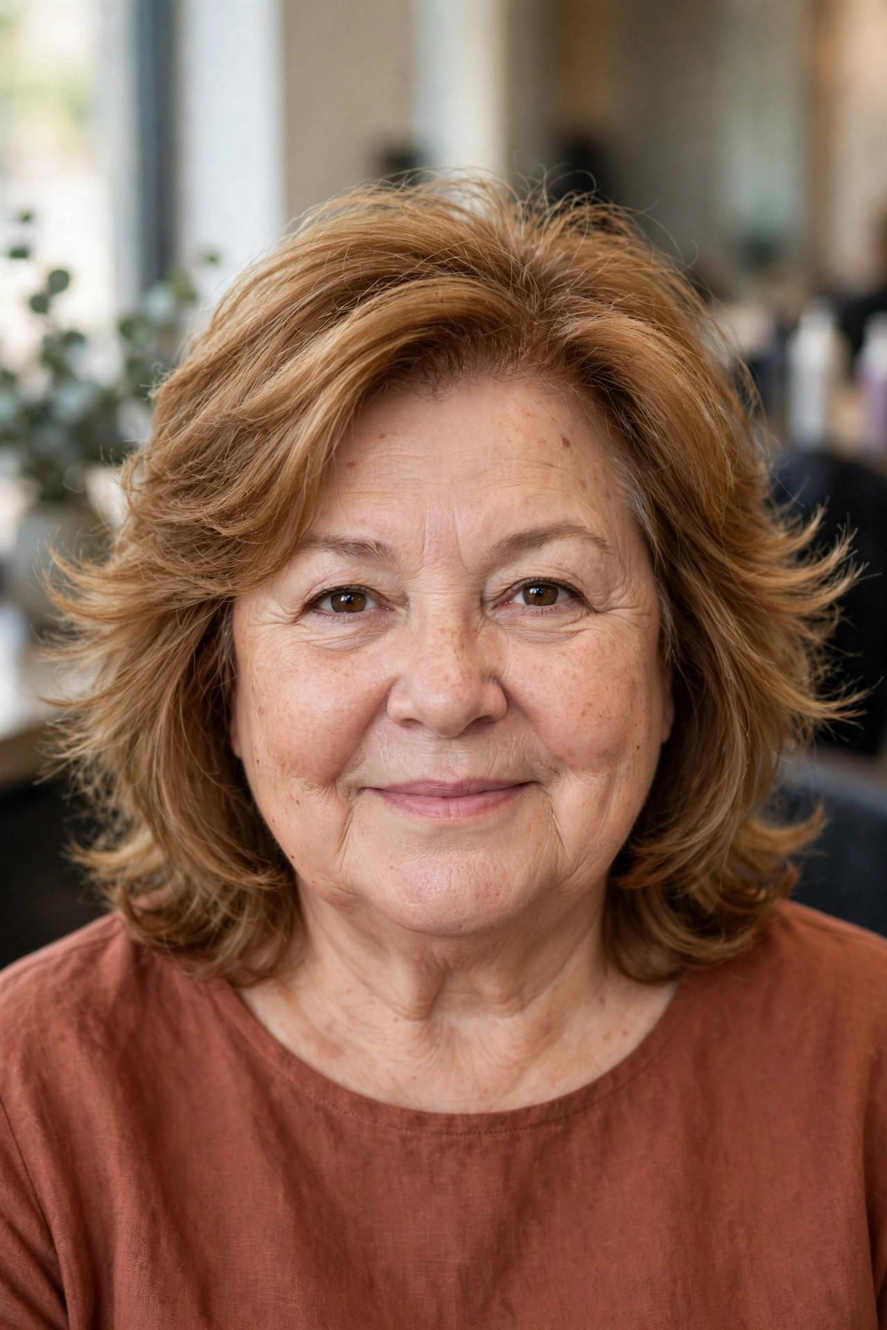 Feathered Shoulder-Length Layers on a woman over 50 with a round face - slimming hairstyle