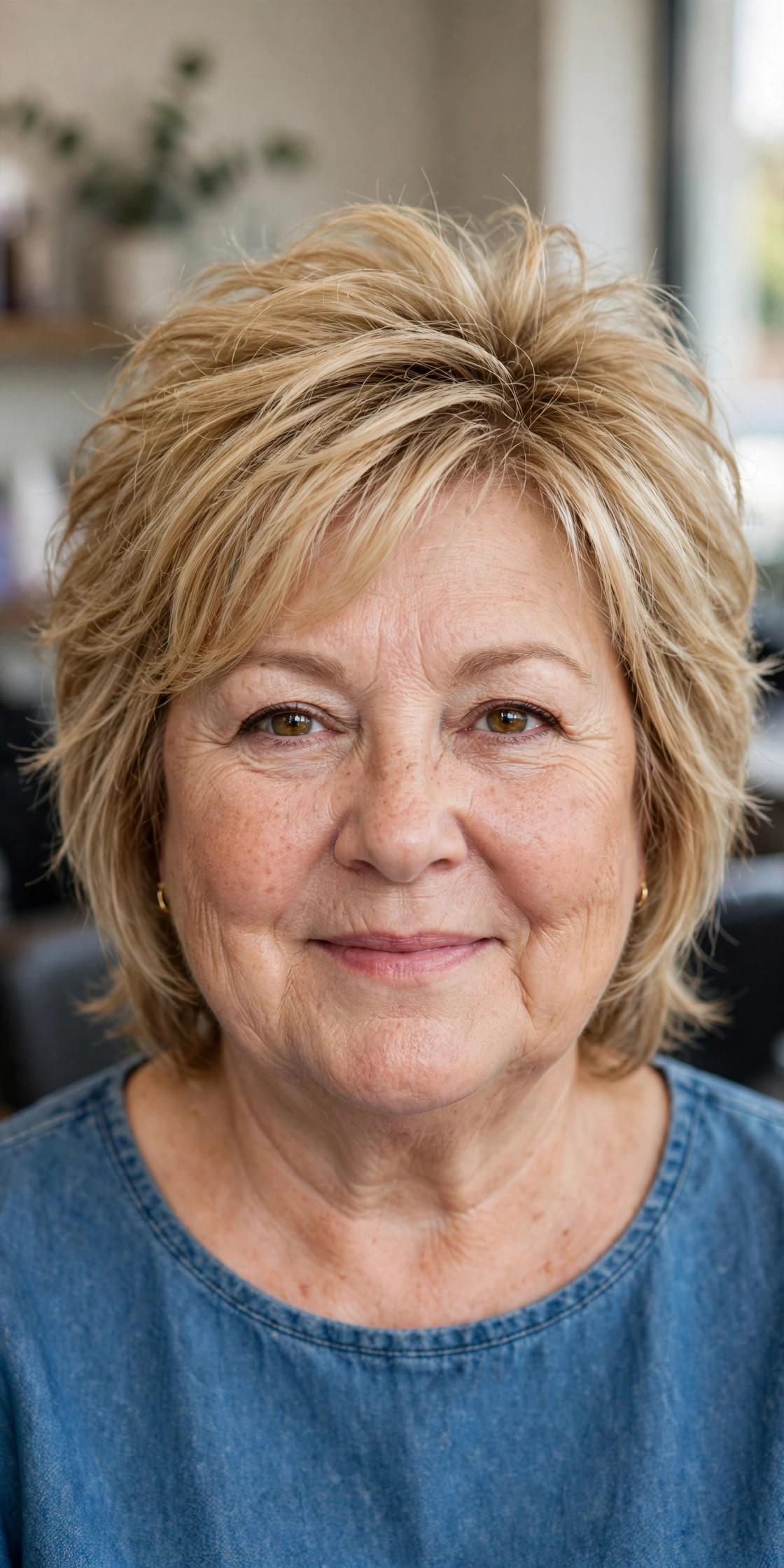 Modern Shag with Choppy Crown Layers on a woman over 50 with a round face - slimming hairstyle
