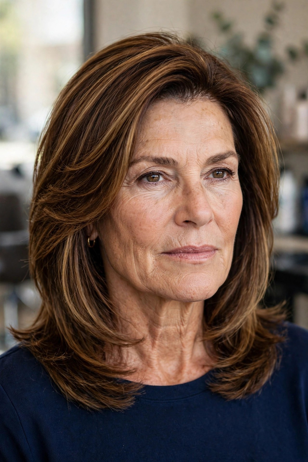 Soft Layered Lob with a Deep Side Part - hairstyle for a square face on a woman over 50 that softens the jawline