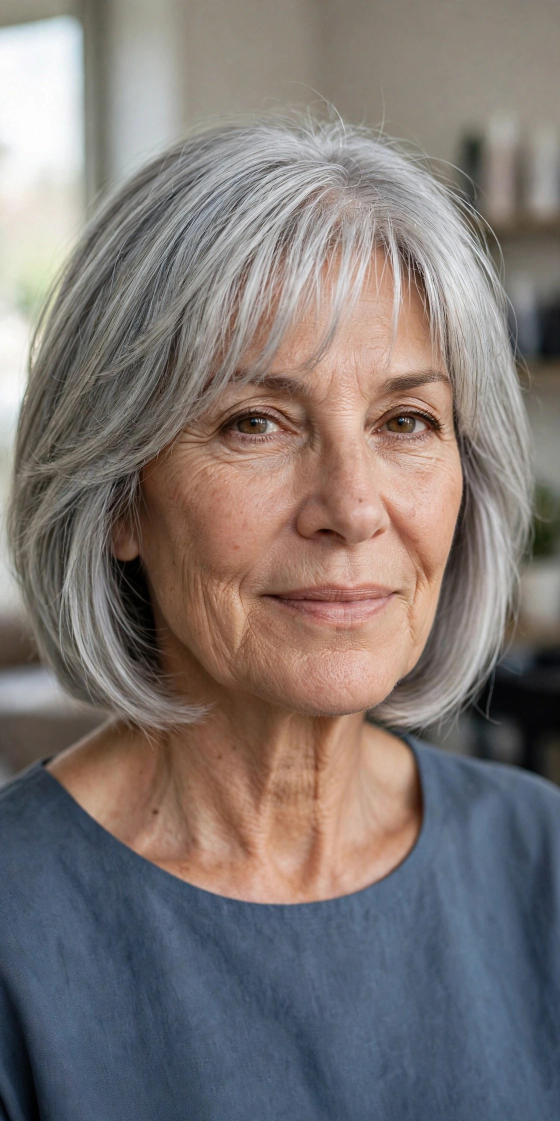 Silver Layered Bob with a Soft Fringe - hairstyle for a square face on a woman over 50 that softens the jawline