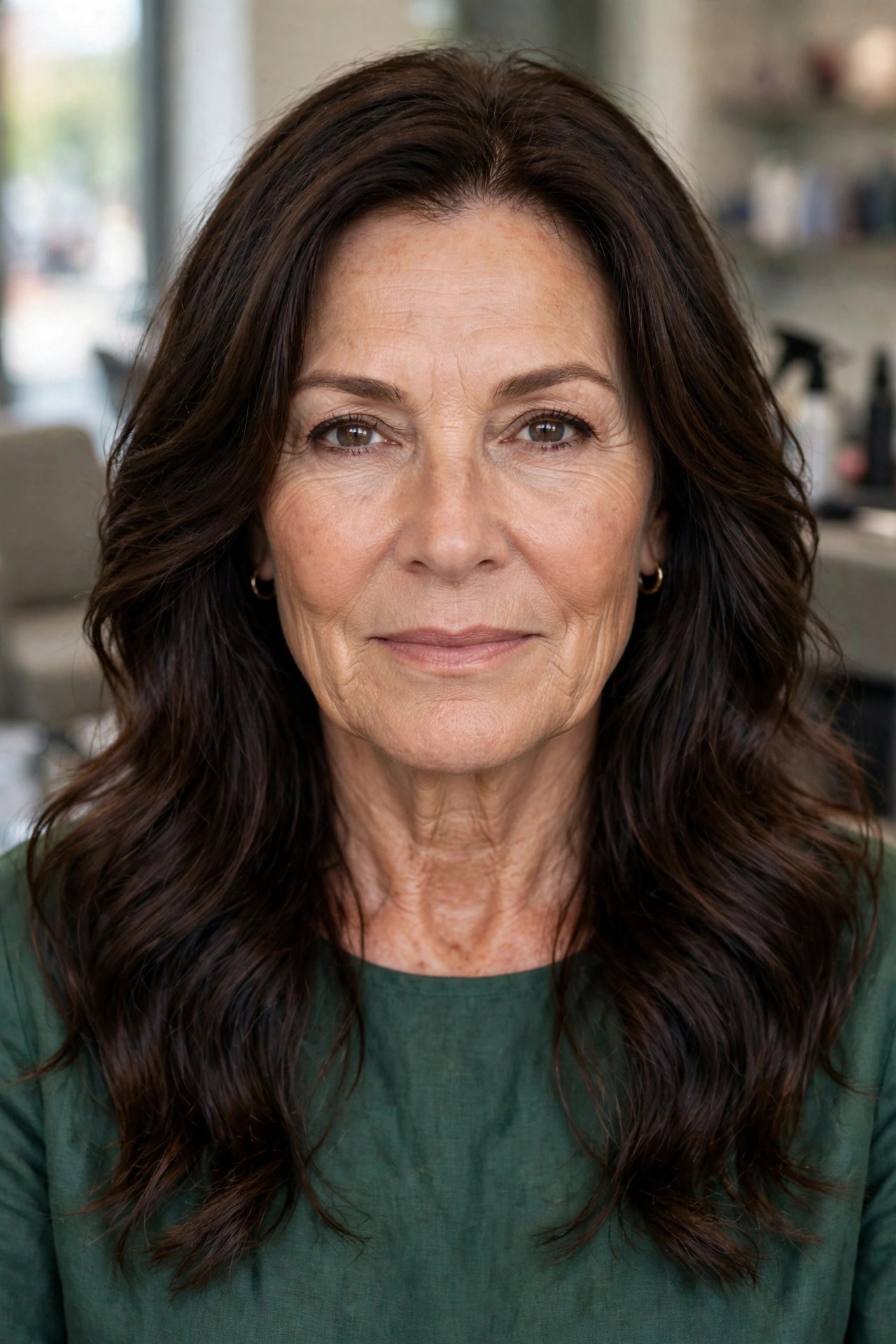 Long Wavy Hair with Layers Starting Below the Chin - hairstyle for a square face on a woman over 50 that softens the jawline
