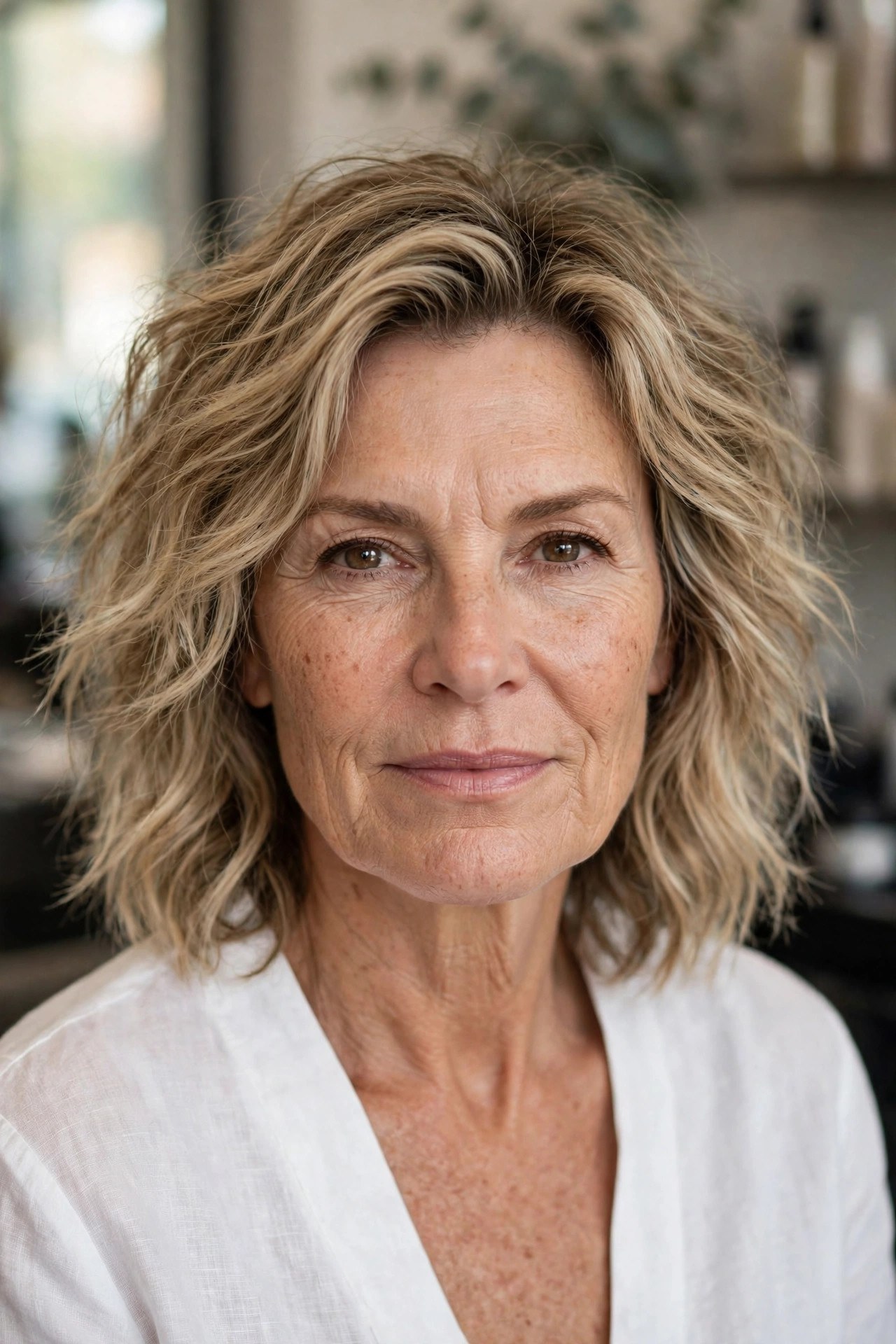 Tousled Lob with Tapered Ends - hairstyle for a square face on a woman over 50 that softens the jawline
