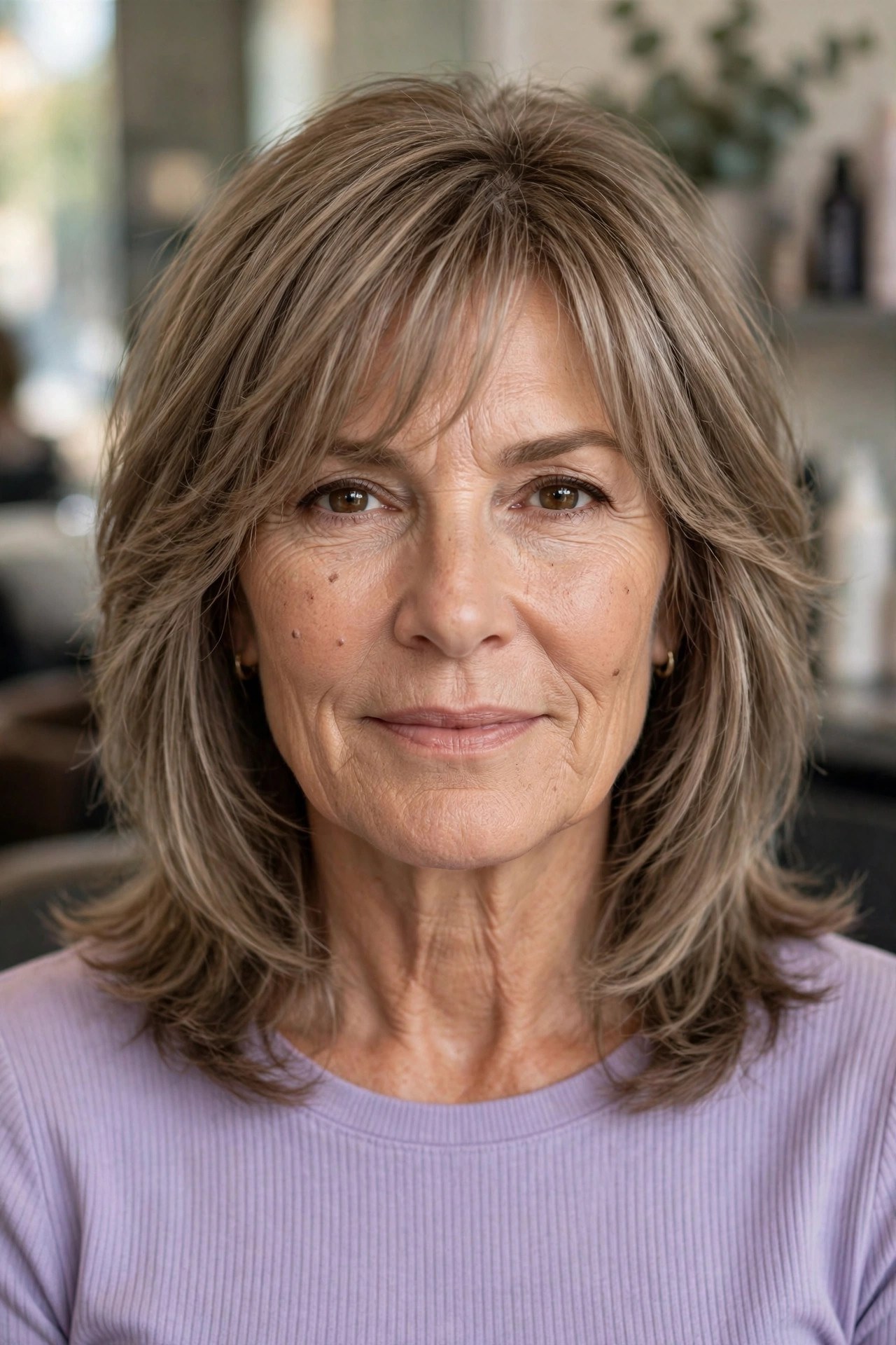 Wispy Bangs with Shoulder-Length Layers - hairstyle for a square face on a woman over 50 that softens the jawline