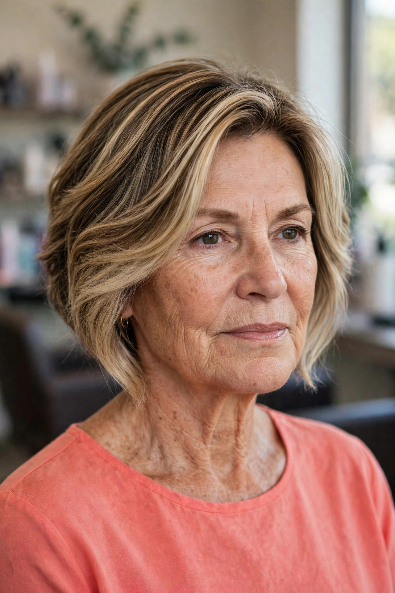 Angled Lob with Soft Waves - hairstyle for a square face on a woman over 50 that softens the jawline