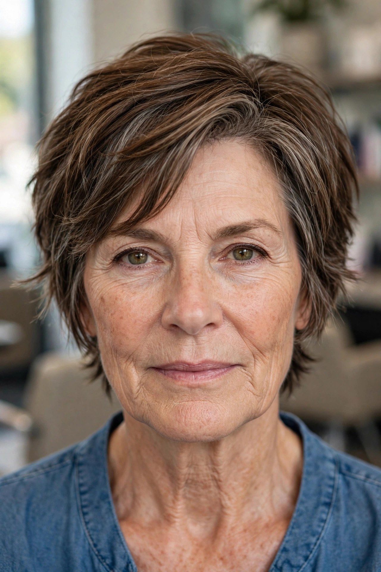 Choppy Layered Crop with a Side Part - hairstyle for a square face on a woman over 50 that softens the jawline