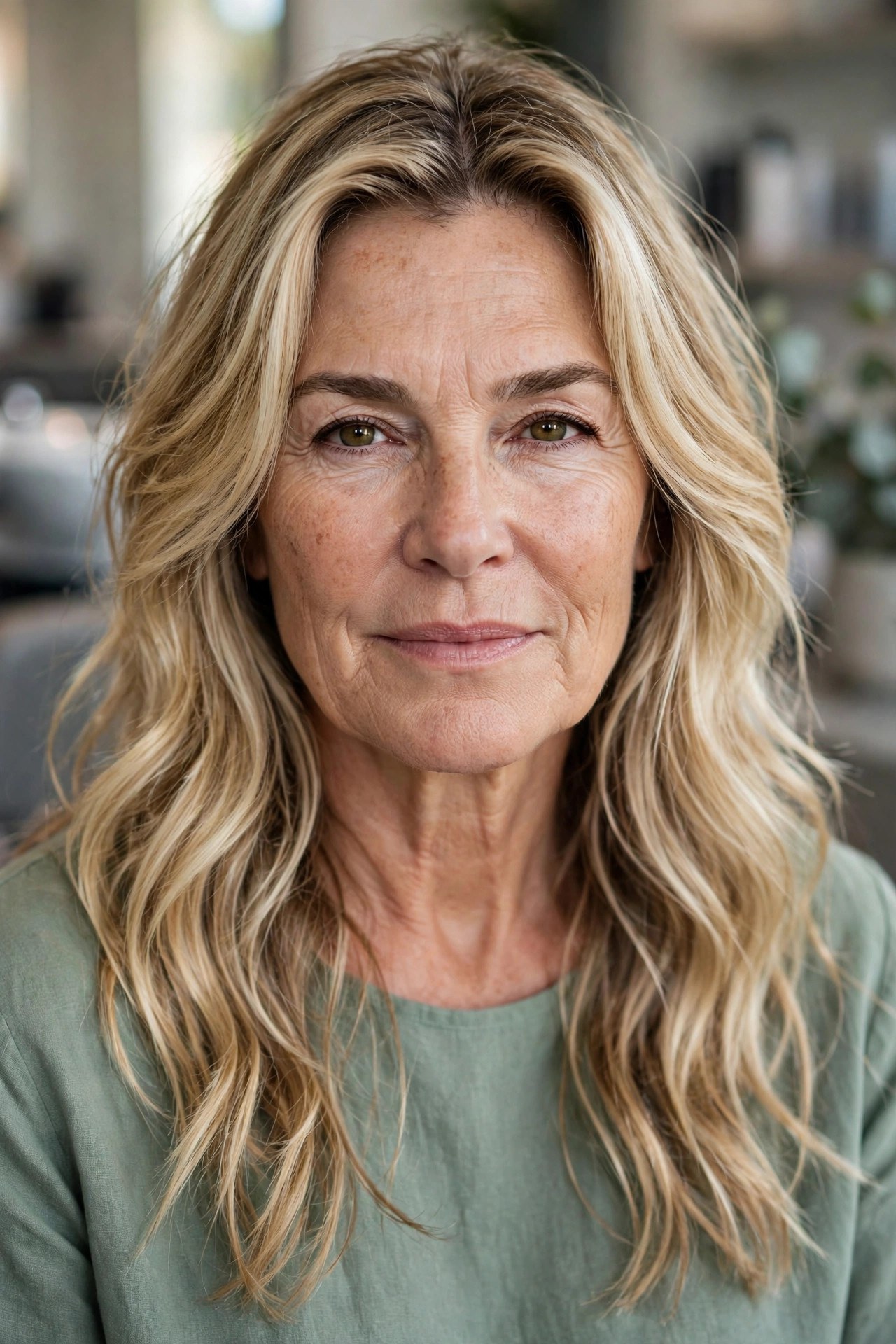Beachy Waves on Long Layered Hair - hairstyle for a square face on a woman over 50 that softens the jawline