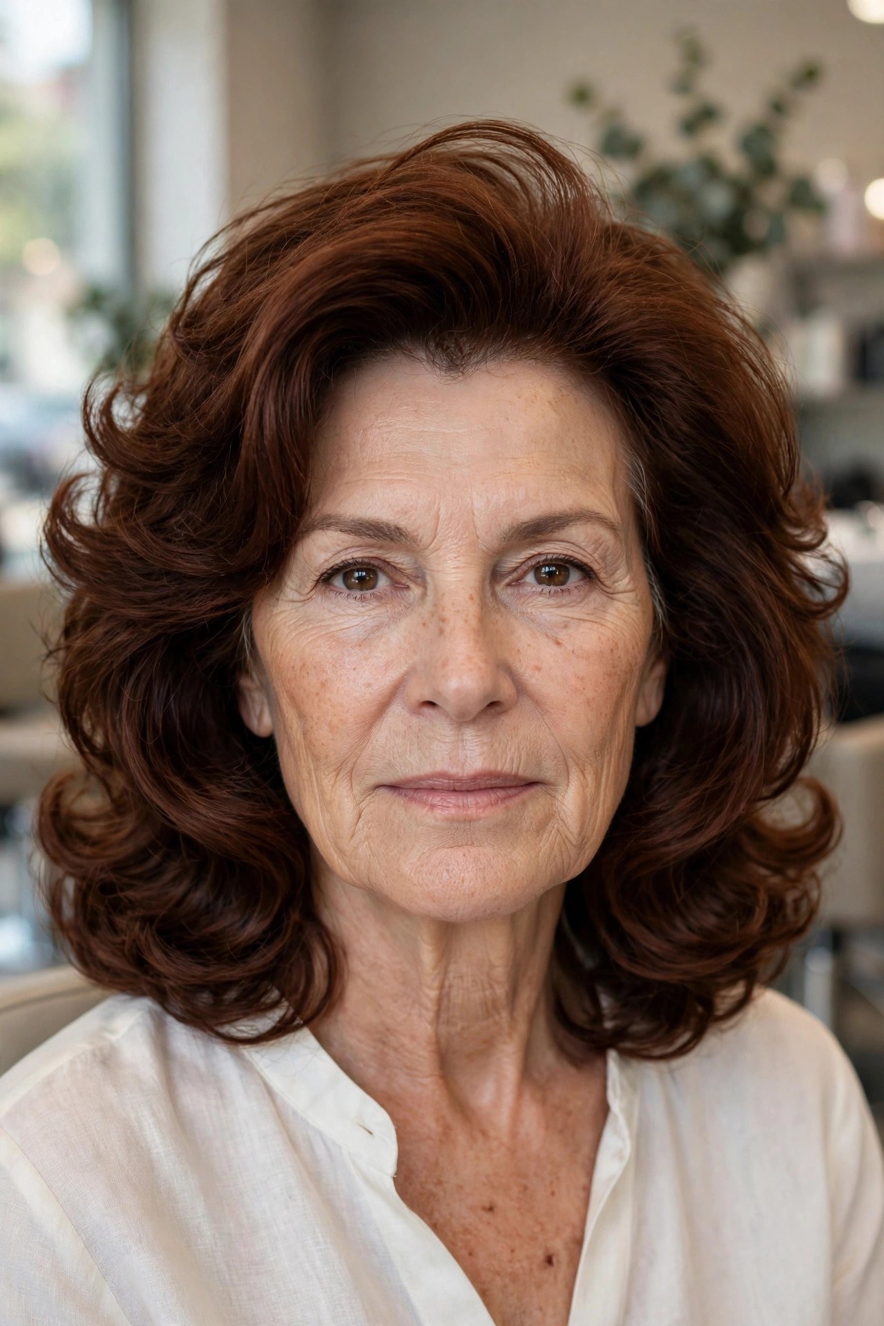 Voluminous Blowout with Rounded Layers - hairstyle for a square face on a woman over 50 that softens the jawline