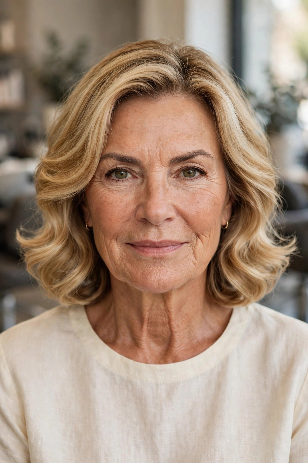 Wavy Shoulder-Length Bob with Rounded Ends - hairstyle for a square face on a woman over 50 that softens the jawline