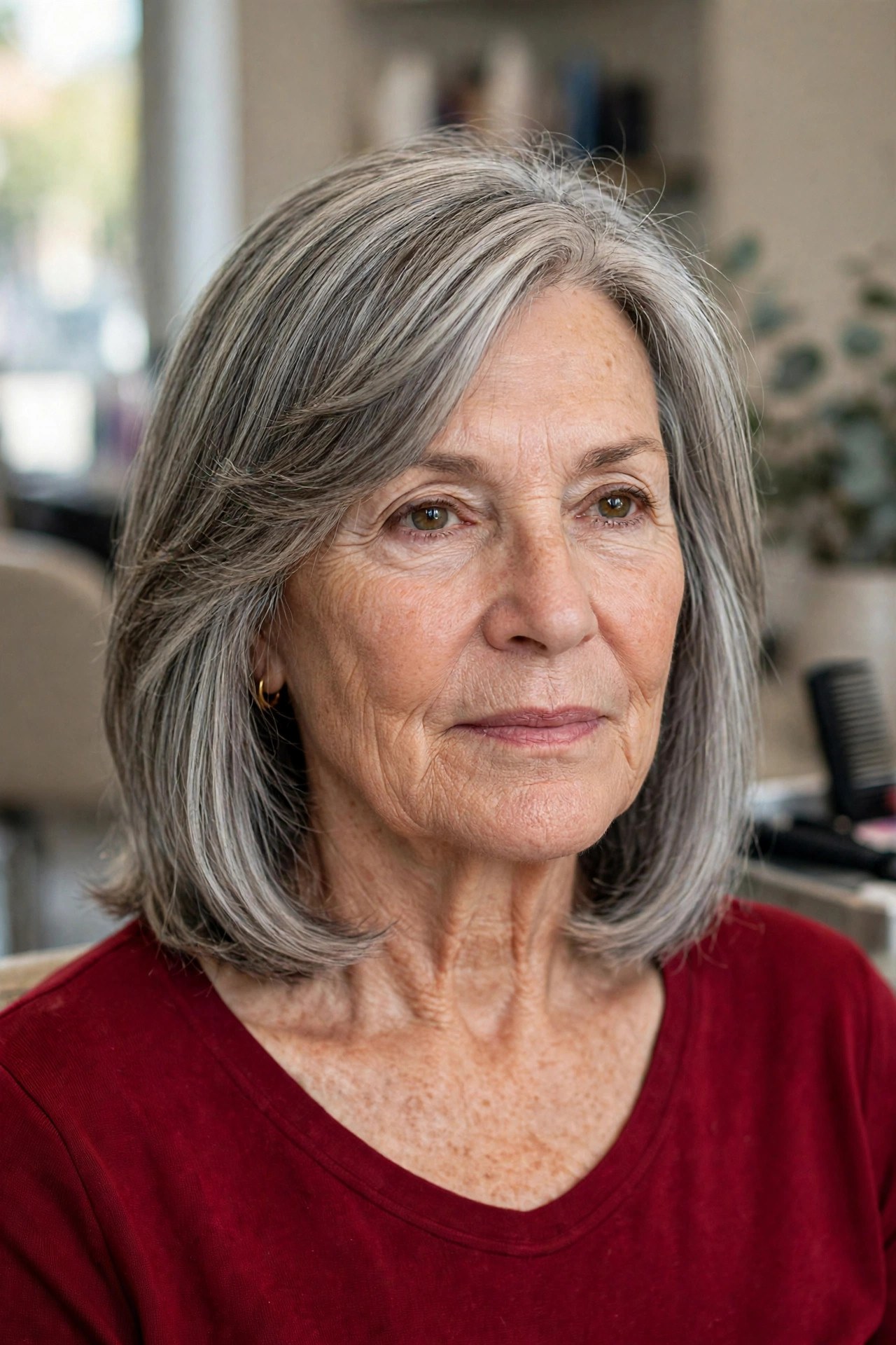 Gray-Blended Lob with Feathered Ends - hairstyle for a square face on a woman over 50 that softens the jawline
