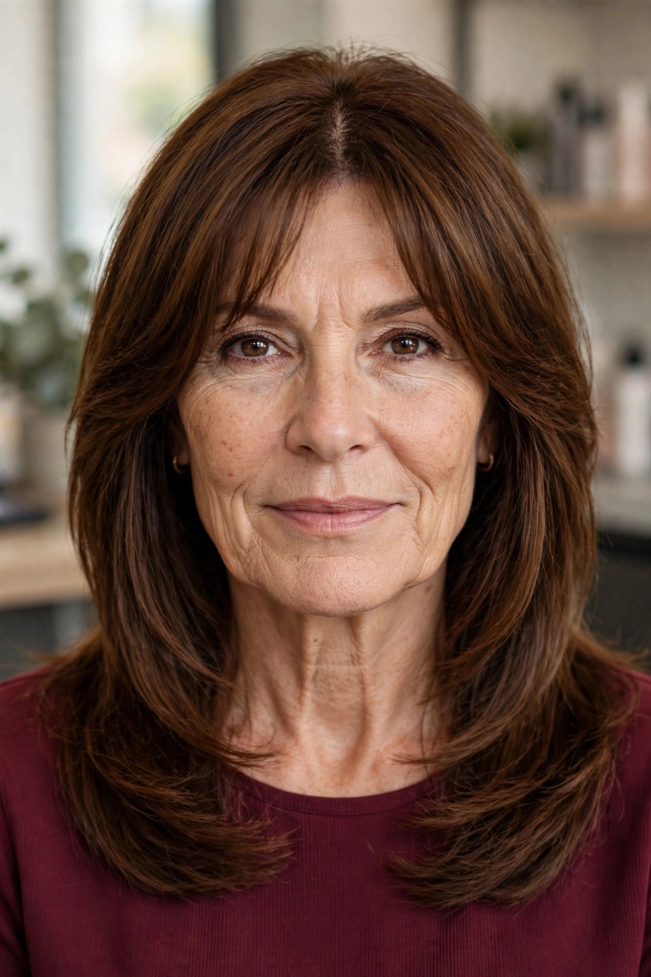 Long Layers Below the Collarbone with Curtain Bangs - hairstyle for a square face on a woman over 50 that softens the jawline