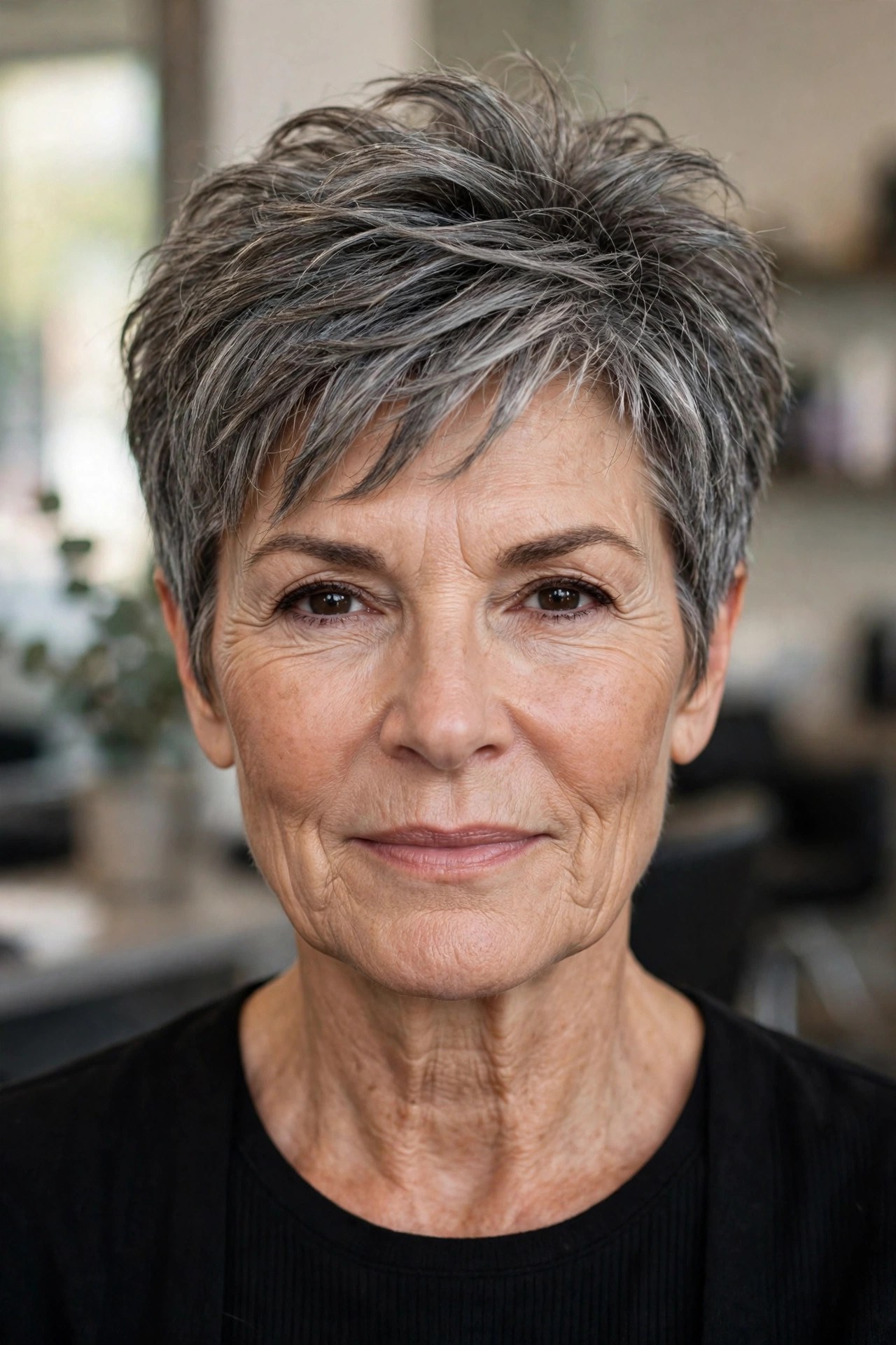 Textured Pixie with a Lifted Crown - hairstyle for a square face on a woman over 50 that softens the jawline