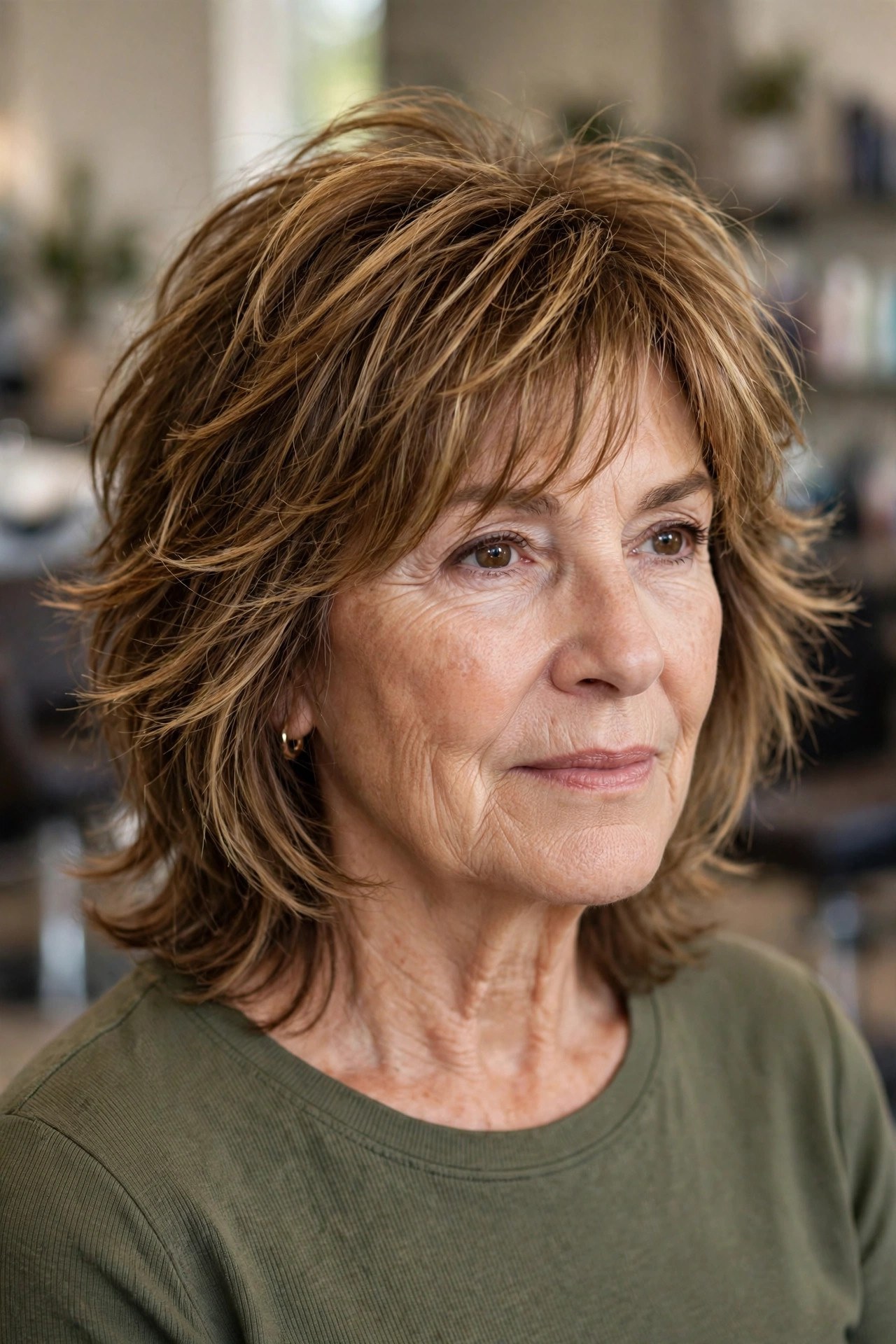 Feathered Shag with Wispy Layers - hairstyle for a square face on a woman over 50 that softens the jawline