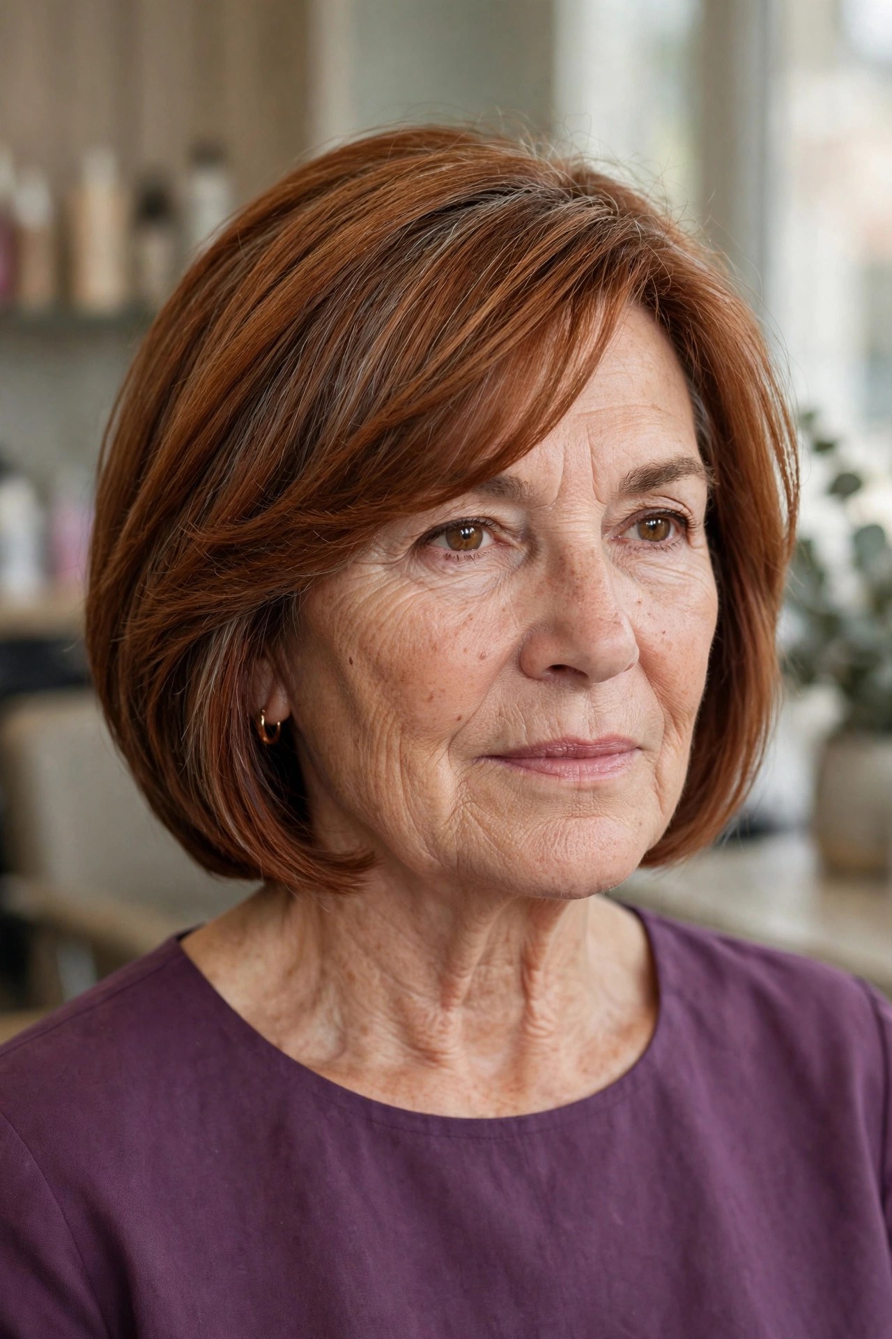 Side-Swept Bangs on a Layered Bob - hairstyle for a square face on a woman over 50 that softens the jawline