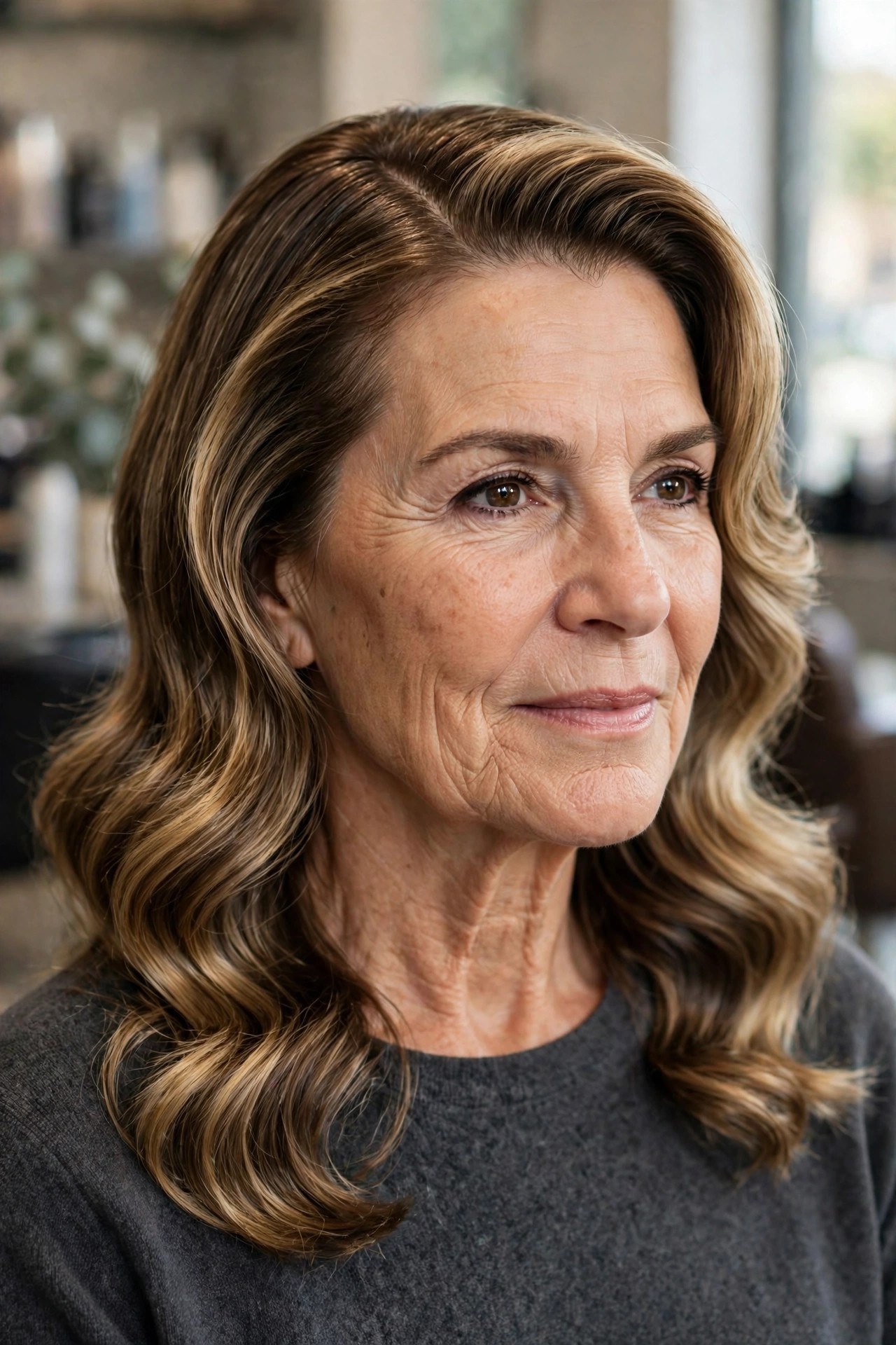 Loose Hollywood Waves with a Deep Side Part - hairstyle for a square face on a woman over 50 that softens the jawline