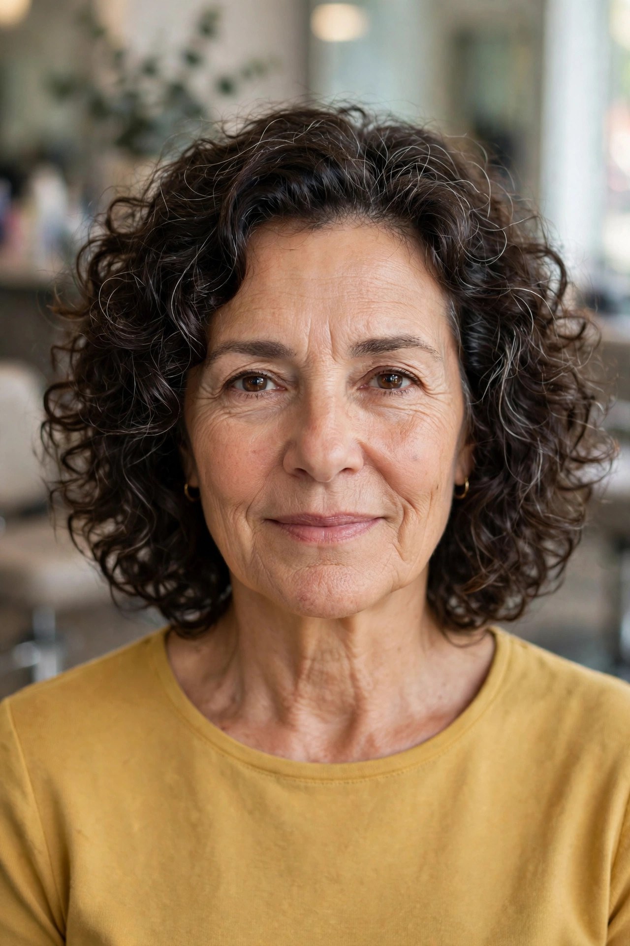 Natural Curls in a Rounded Shape - hairstyle for a square face on a woman over 50 that softens the jawline