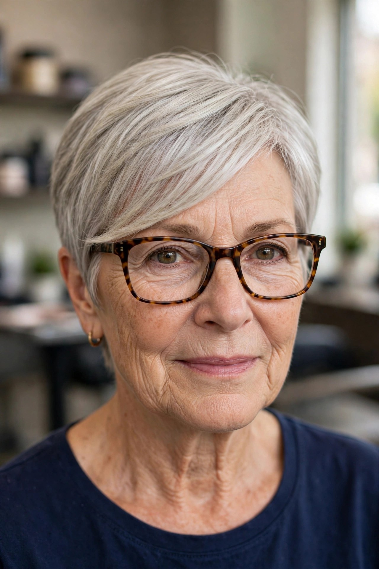 Side-swept pixie with silver-blonde hair and tortoiseshell rectangular glasses on a woman over 50