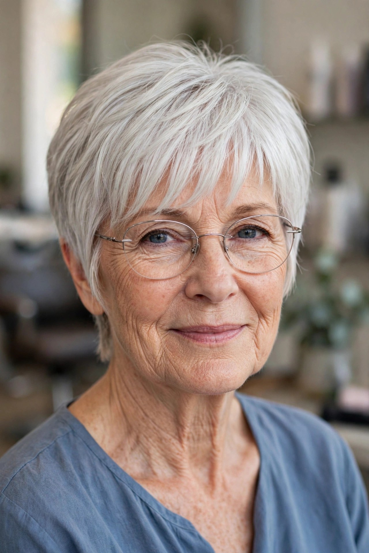 Long silver-white pixie with brow-skimming fringe and silver wire-rim glasses on a woman over 50