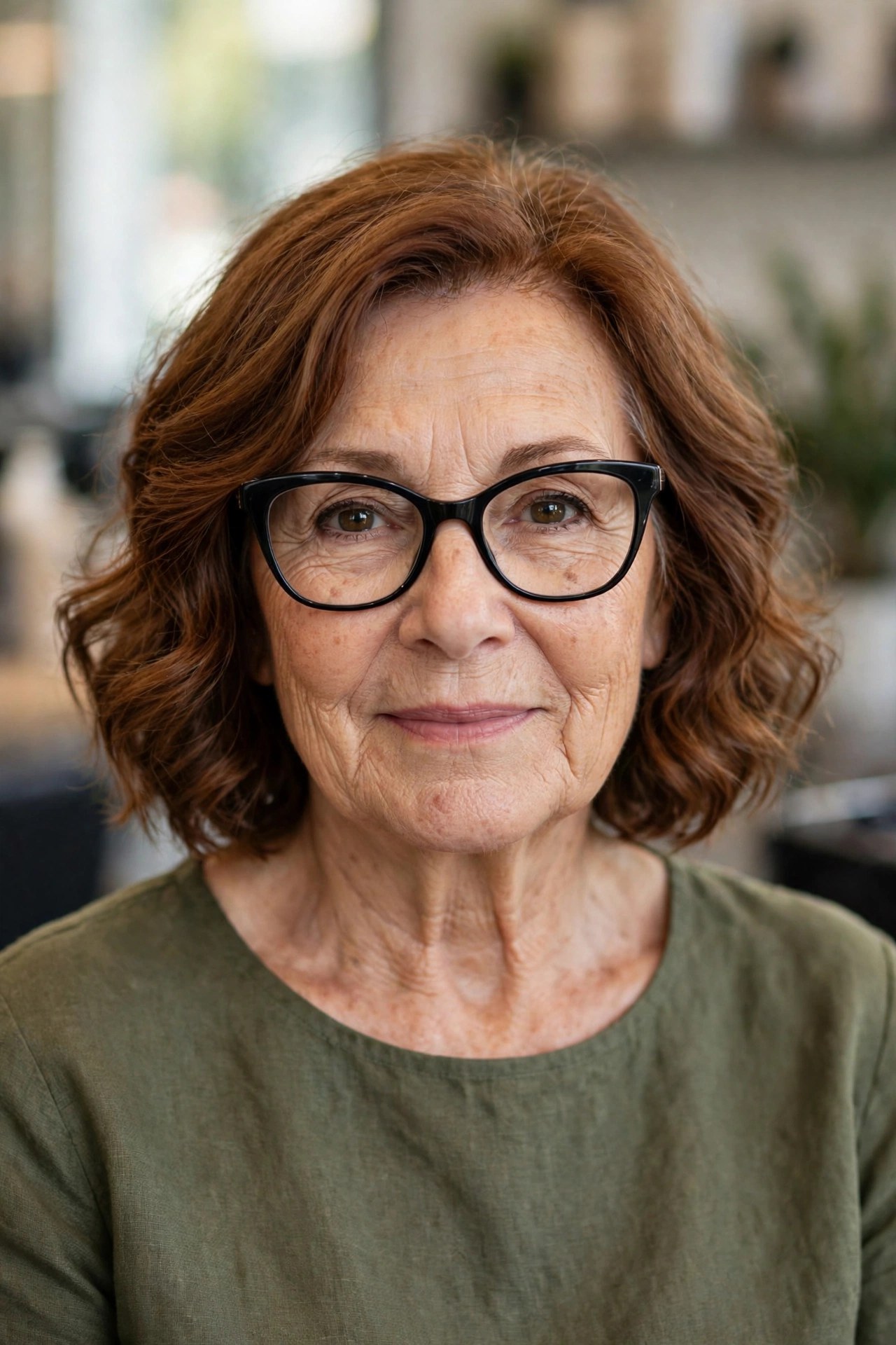 Wavy auburn chin-length bob with black cat-eye glasses on a woman over 50
