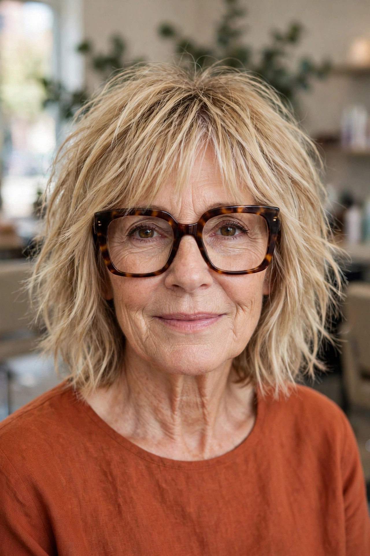 Shaggy sandy blonde lob with oversized square tortoiseshell glasses on a woman over 50