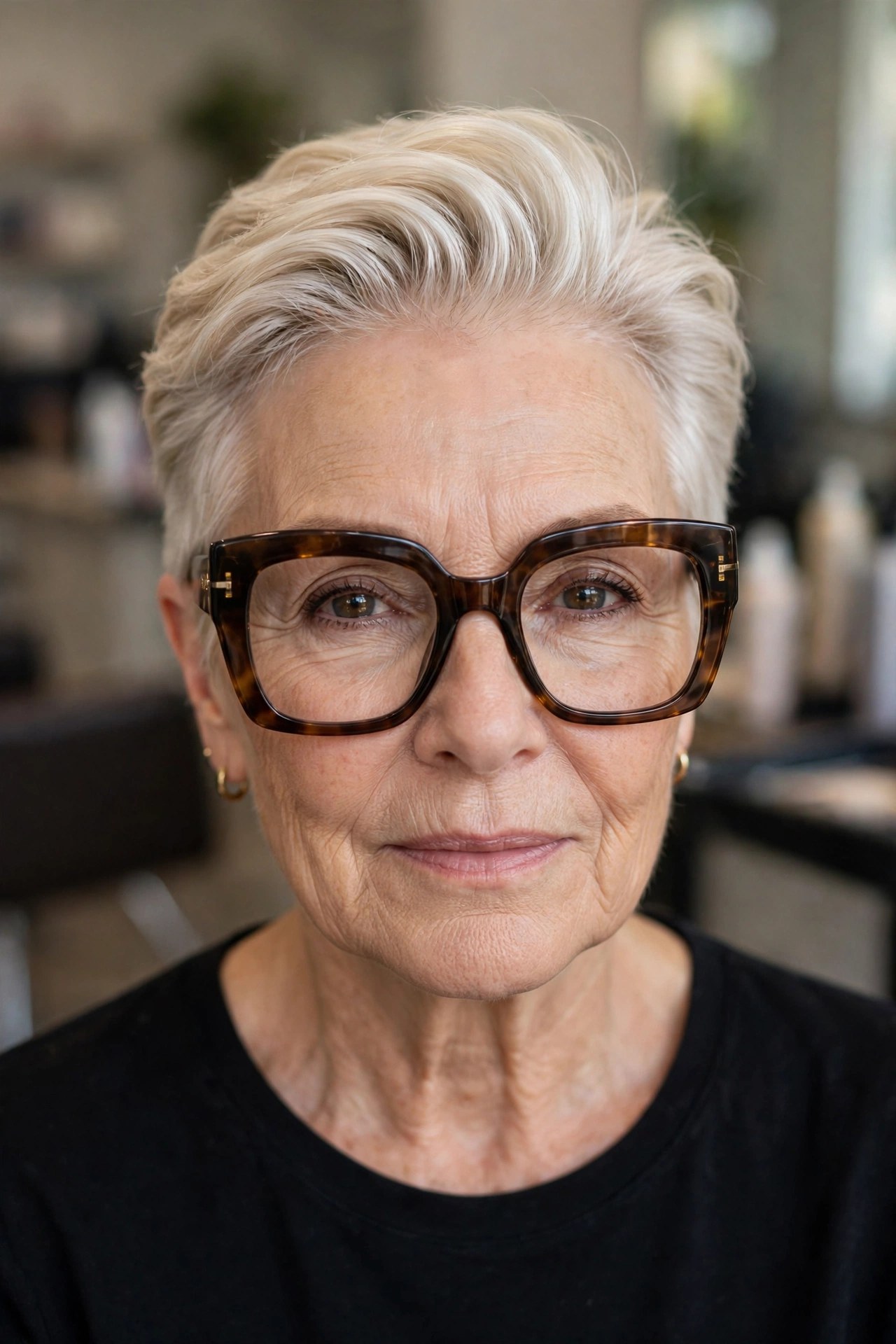 Swept-back platinum crop with oversized statement glasses on a woman over 50