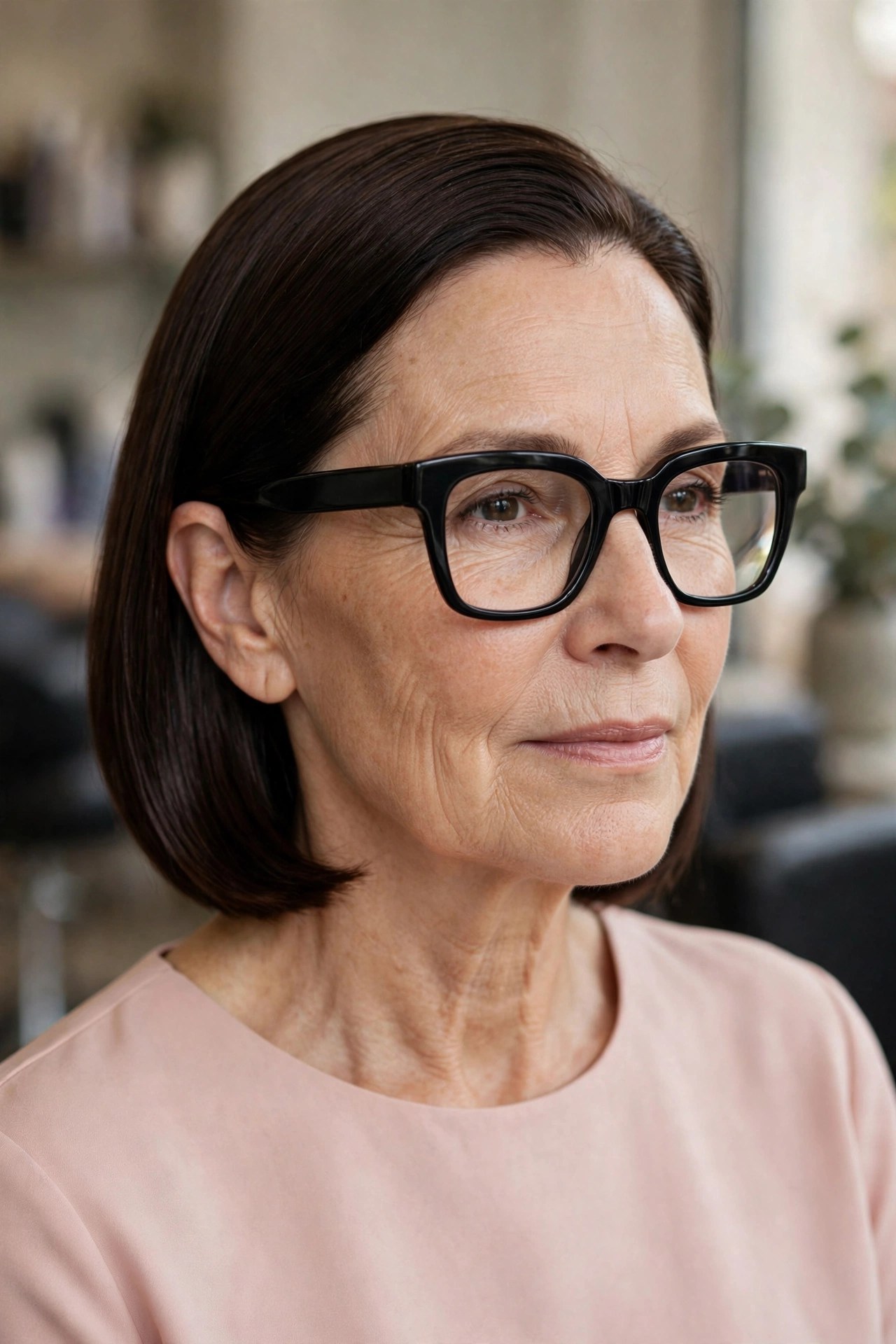 Sleek side-parted dark brown bob with bold chunky black glasses on a woman over 50