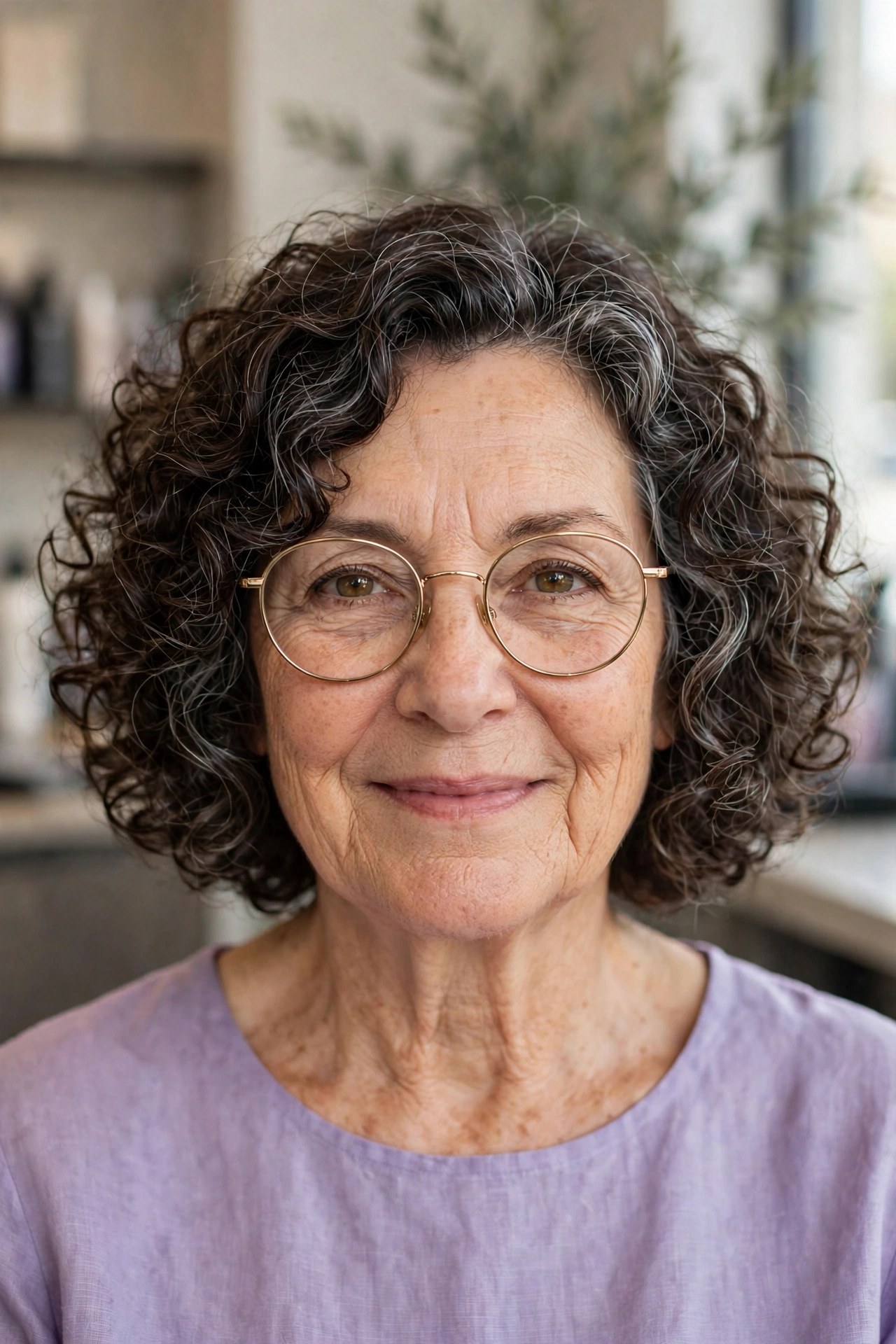 Curly dark brown bob with round gold glasses on a woman over 50