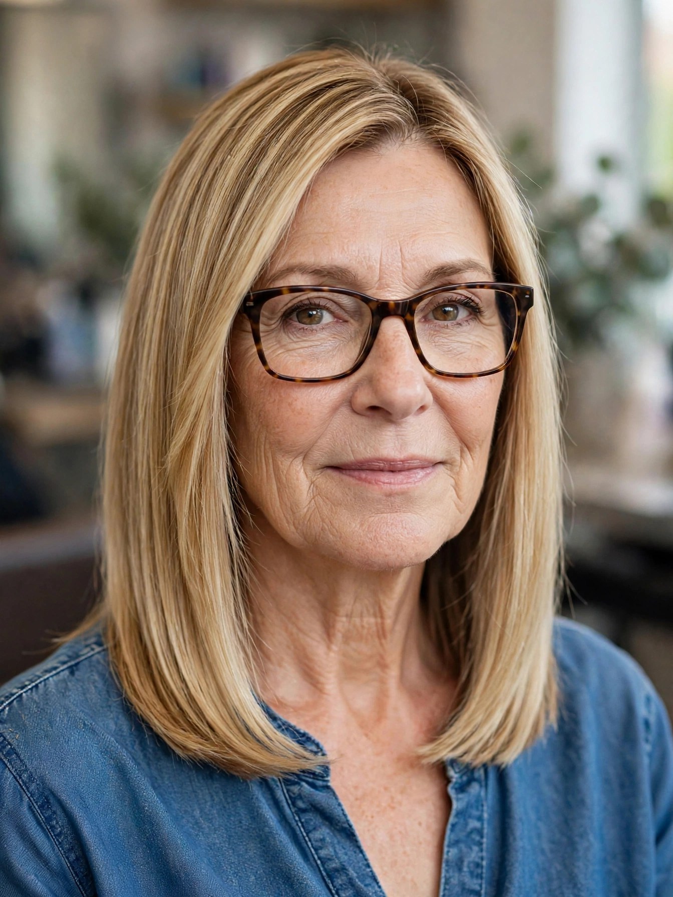 Blunt honey blonde lob with rectangular tortoiseshell glasses on a woman over 50