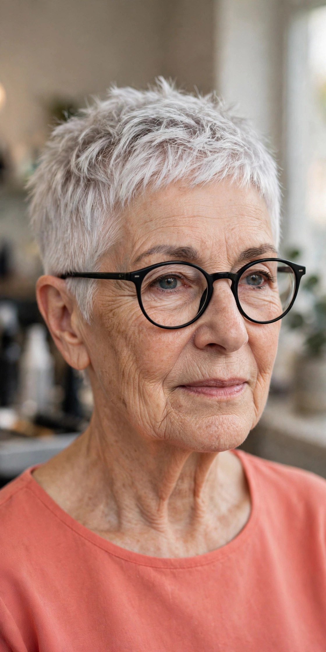 Very short textured silver-white crop with small round black glasses on a woman over 50