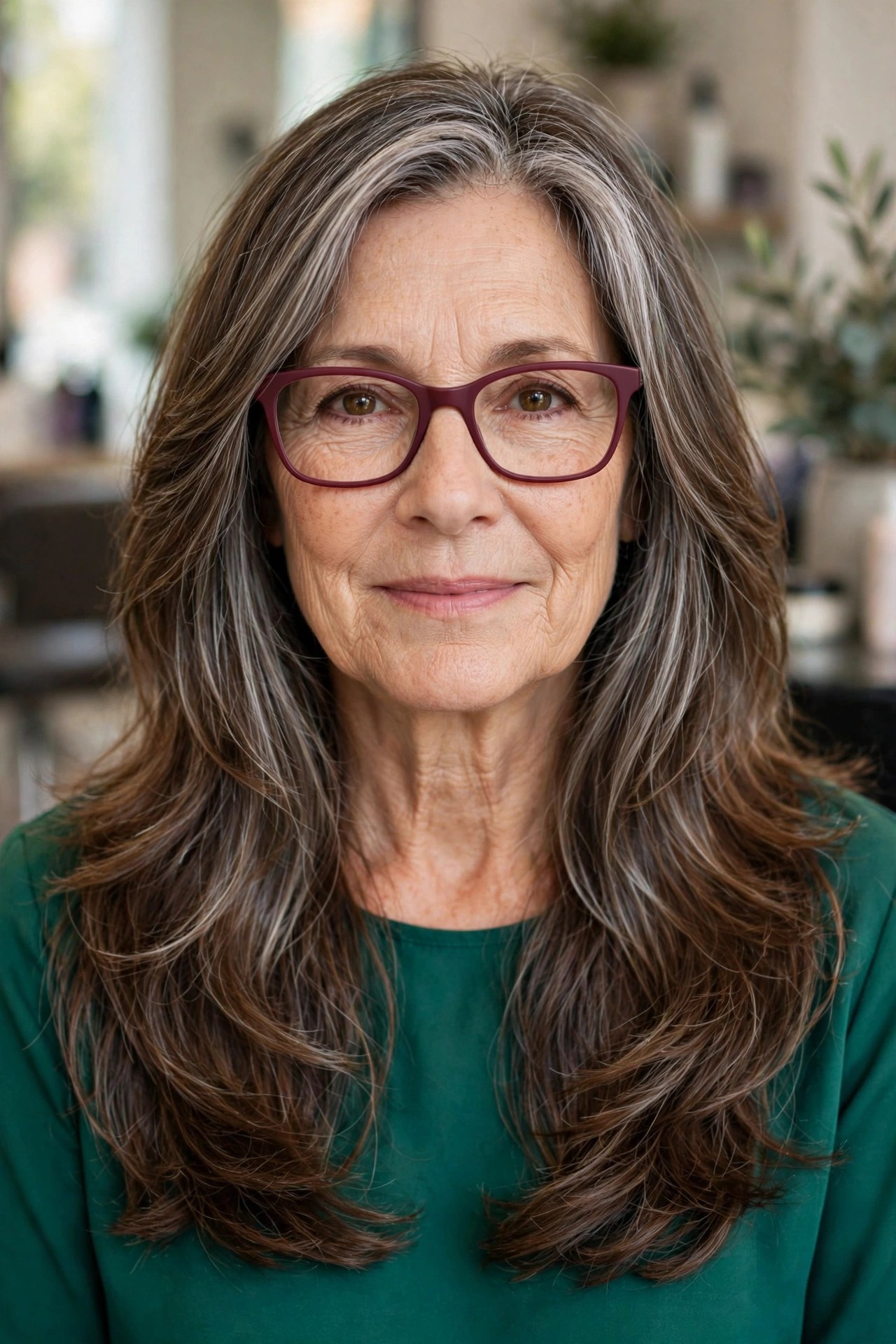 Long layered chestnut hair with silver streaks, soft waves and burgundy glasses on a woman over 50