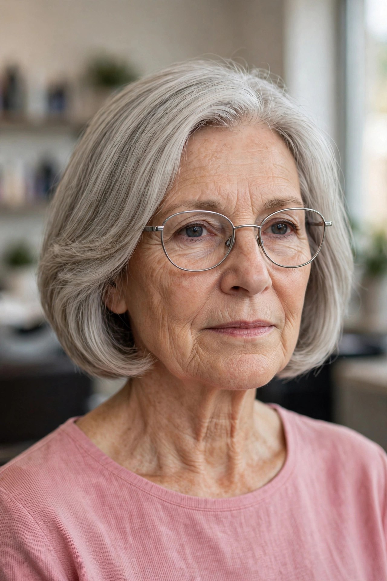 Rounded pearl gray bob with off-center part and oval silver glasses on a woman over 50
