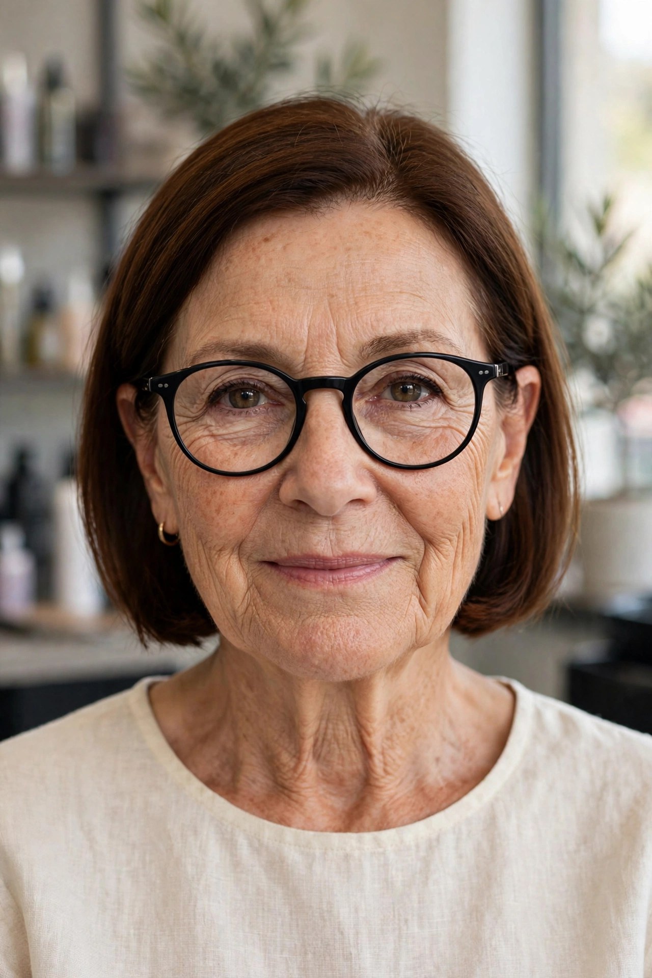 Chin-length chestnut bob tucked behind the ears with black round glasses on a woman over 50