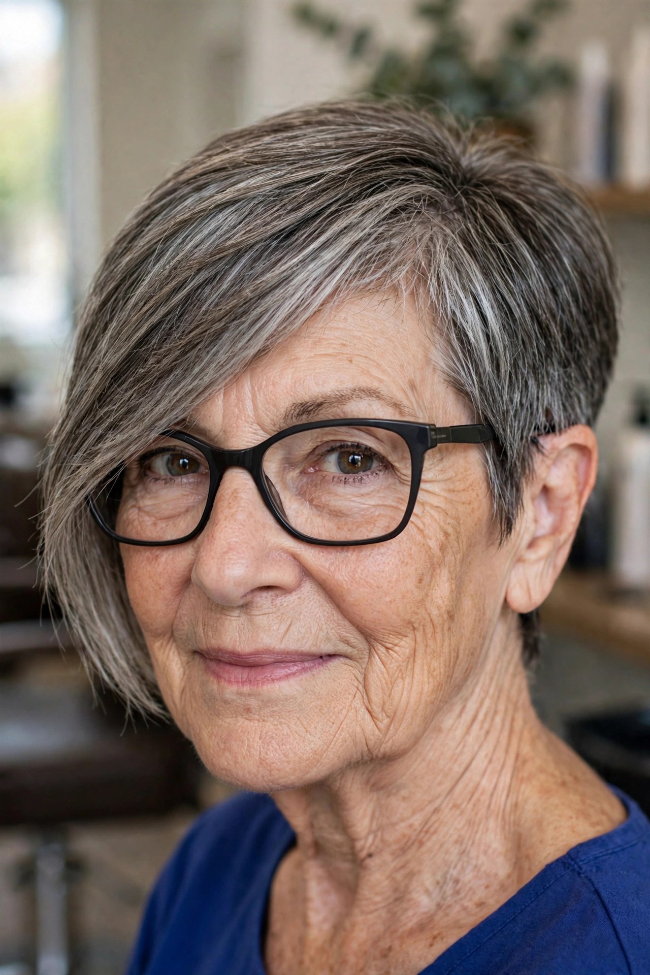 Asymmetric salt-and-pepper pixie-bob with dark angular glasses on a woman over 50