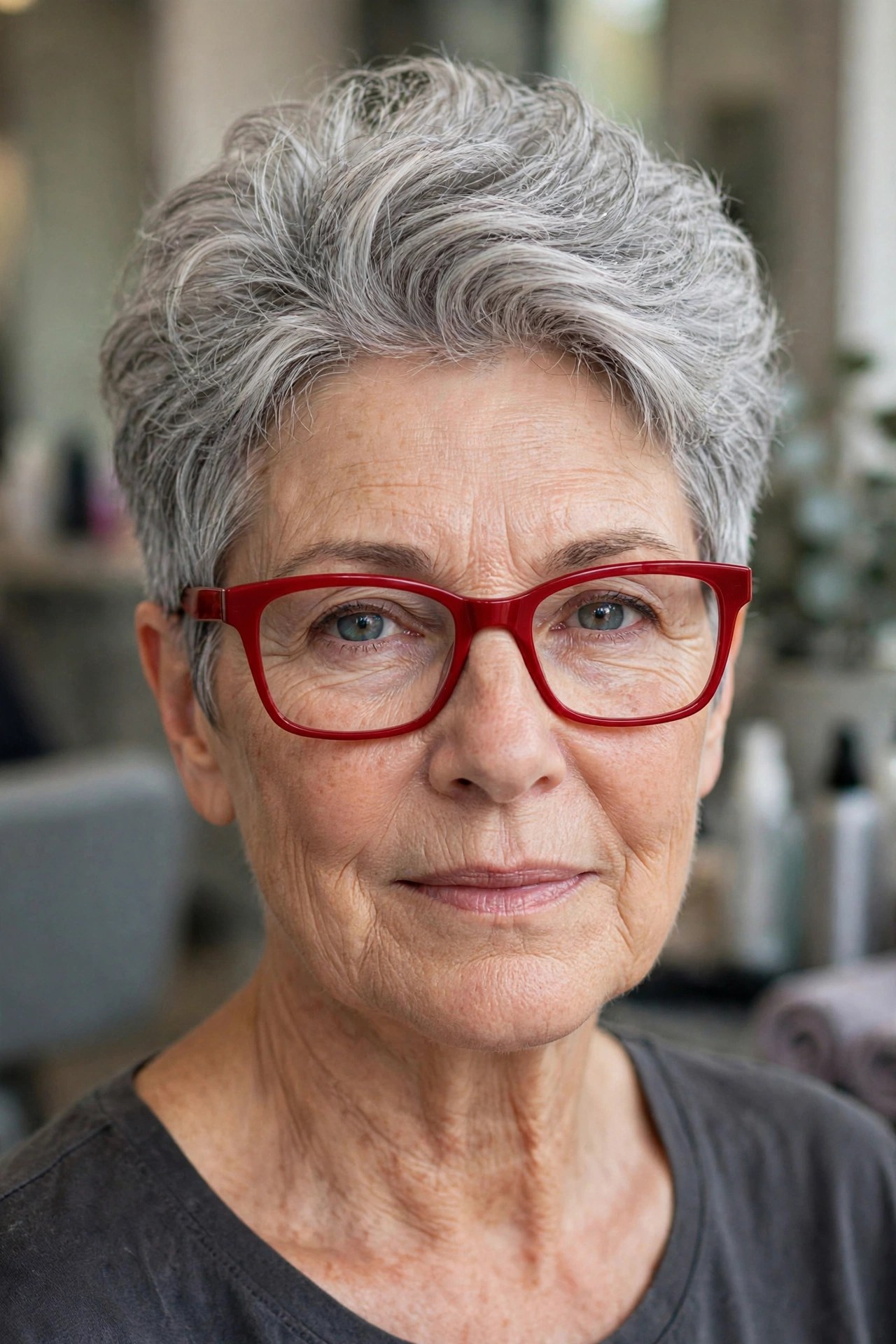 Textured silver-gray pixie with crown volume and bold red glasses on a woman over 50