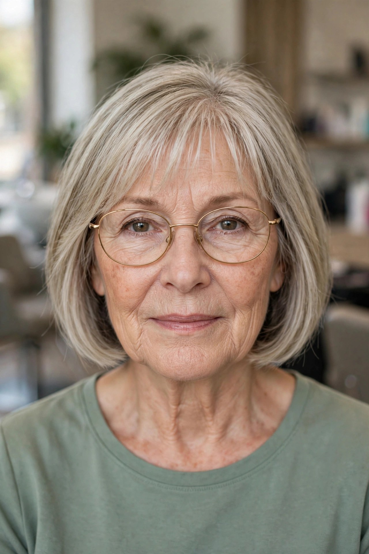 Ash blonde bob with wispy fringe ending above thin gold oval glasses on a woman over 50