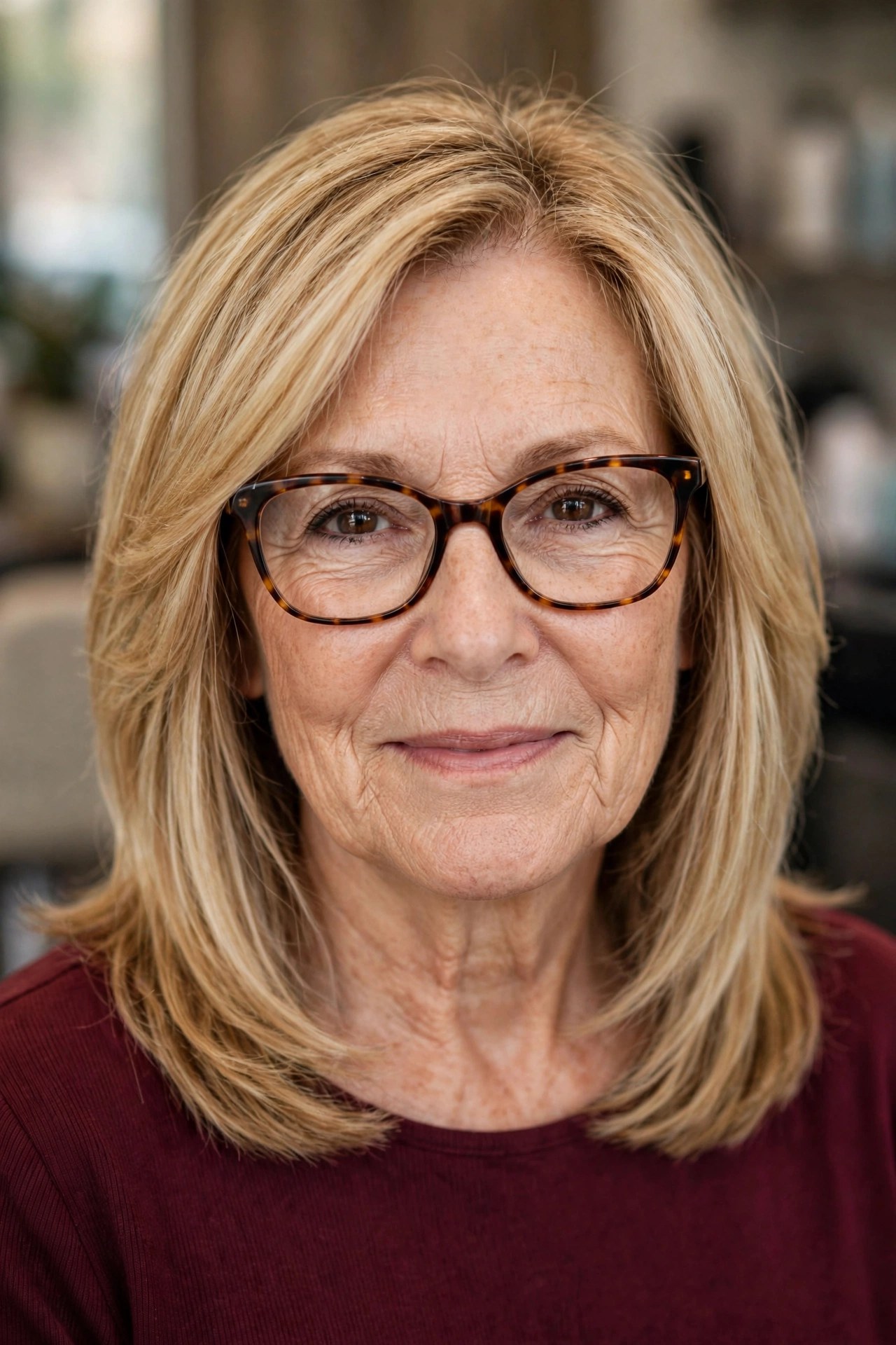 Layered golden blonde lob with cheekbone layers and tortoiseshell cat-eye glasses on a woman over 50