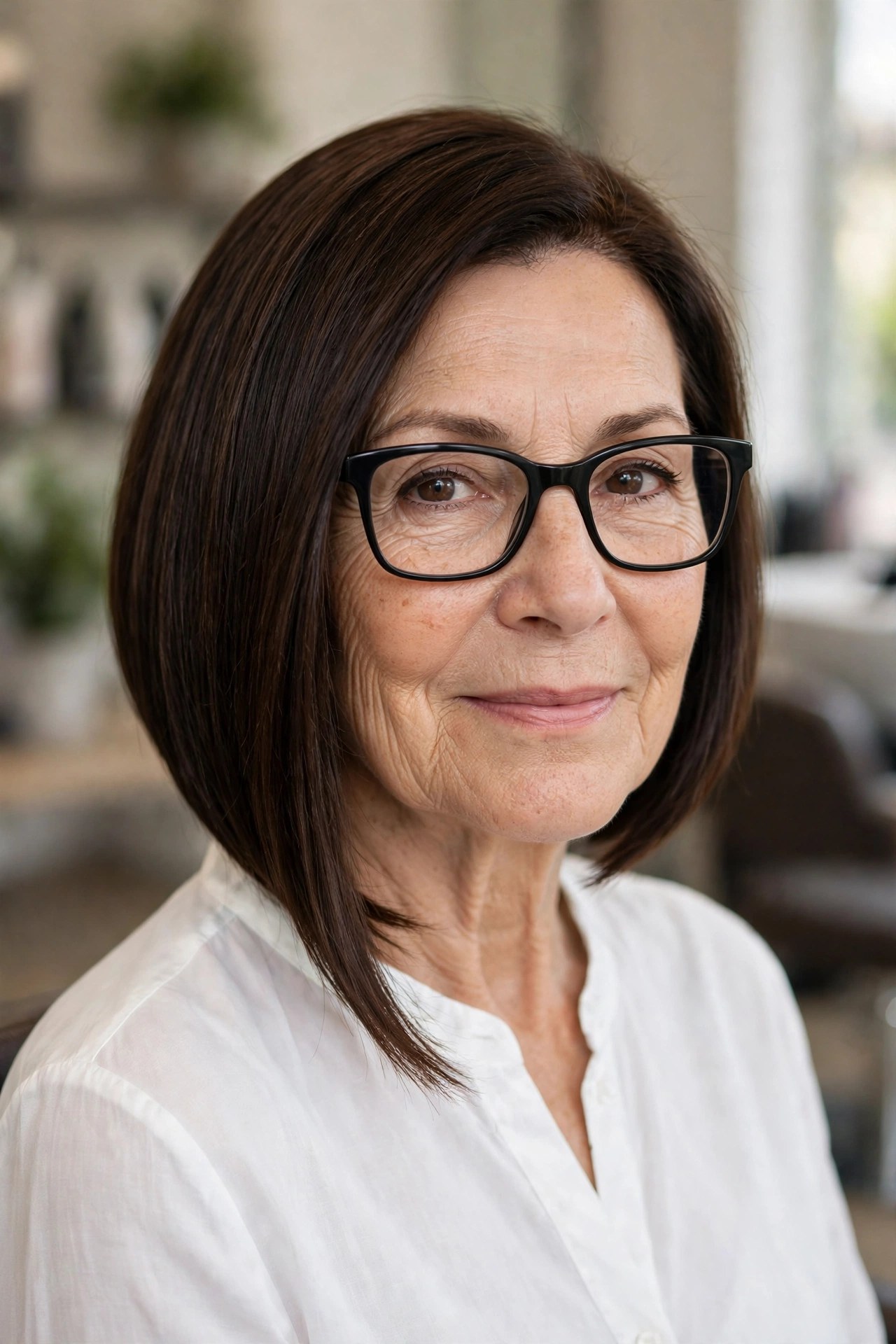 Sleek angled dark brown bob with black rectangular glasses on a woman over 50