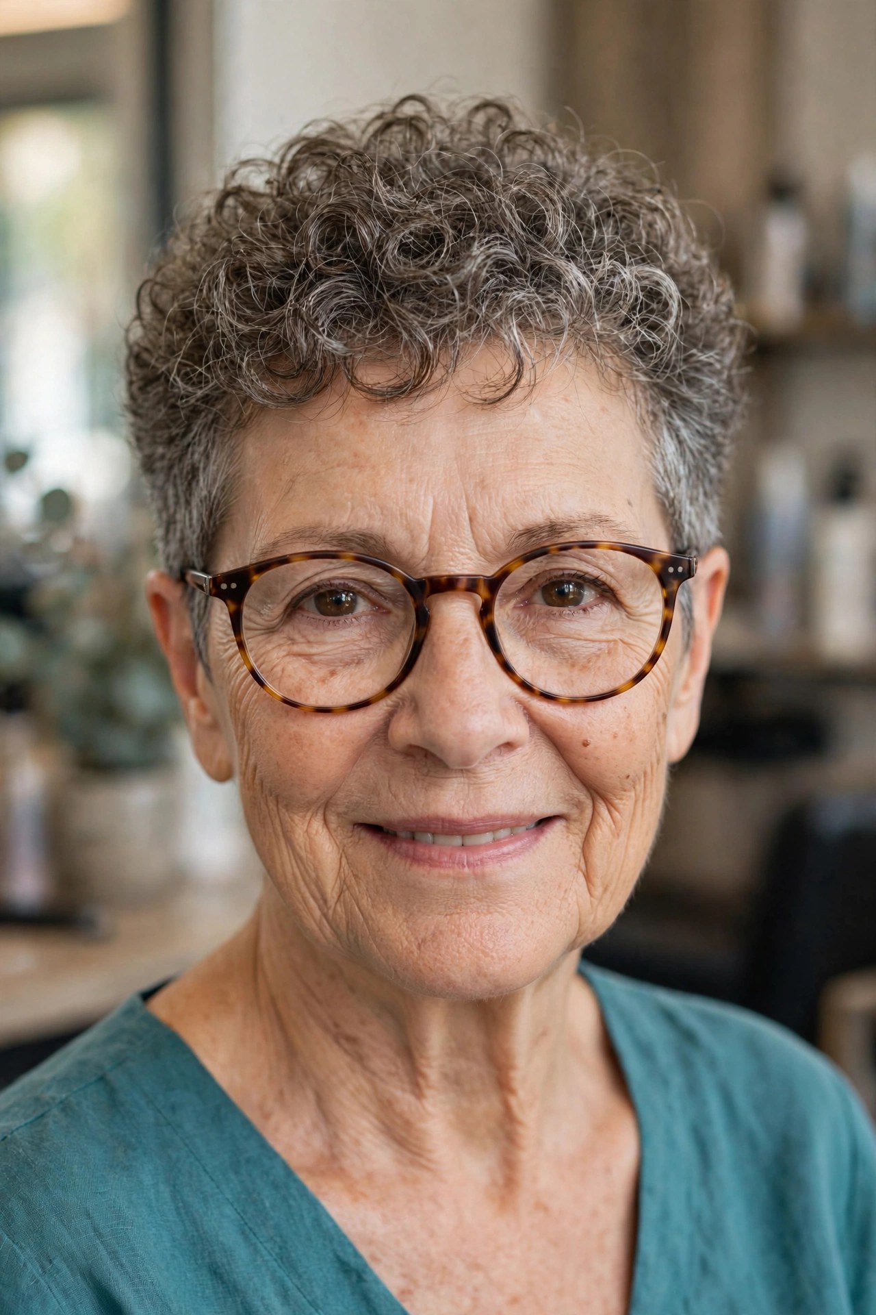 Short salt-and-pepper curly crop with round tortoiseshell glasses on a woman over 50