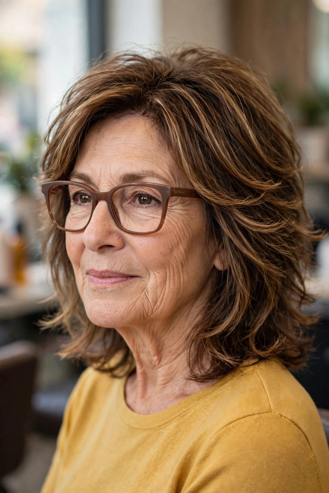 Shoulder-length feathered brunette layers with soft square brown glasses on a woman over 50