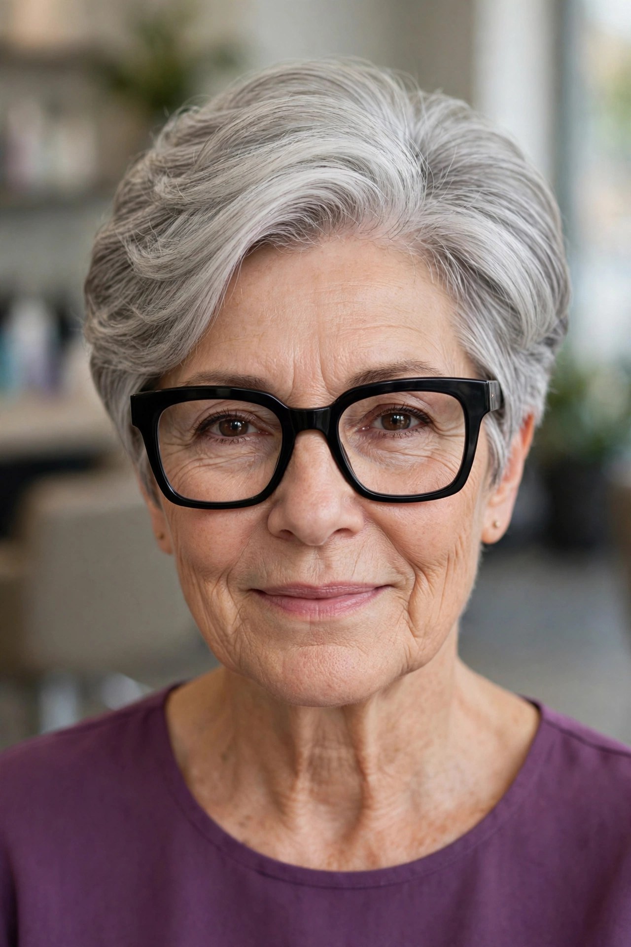 Stacked pearl gray pixie-bob with bold black square glasses on a woman over 50