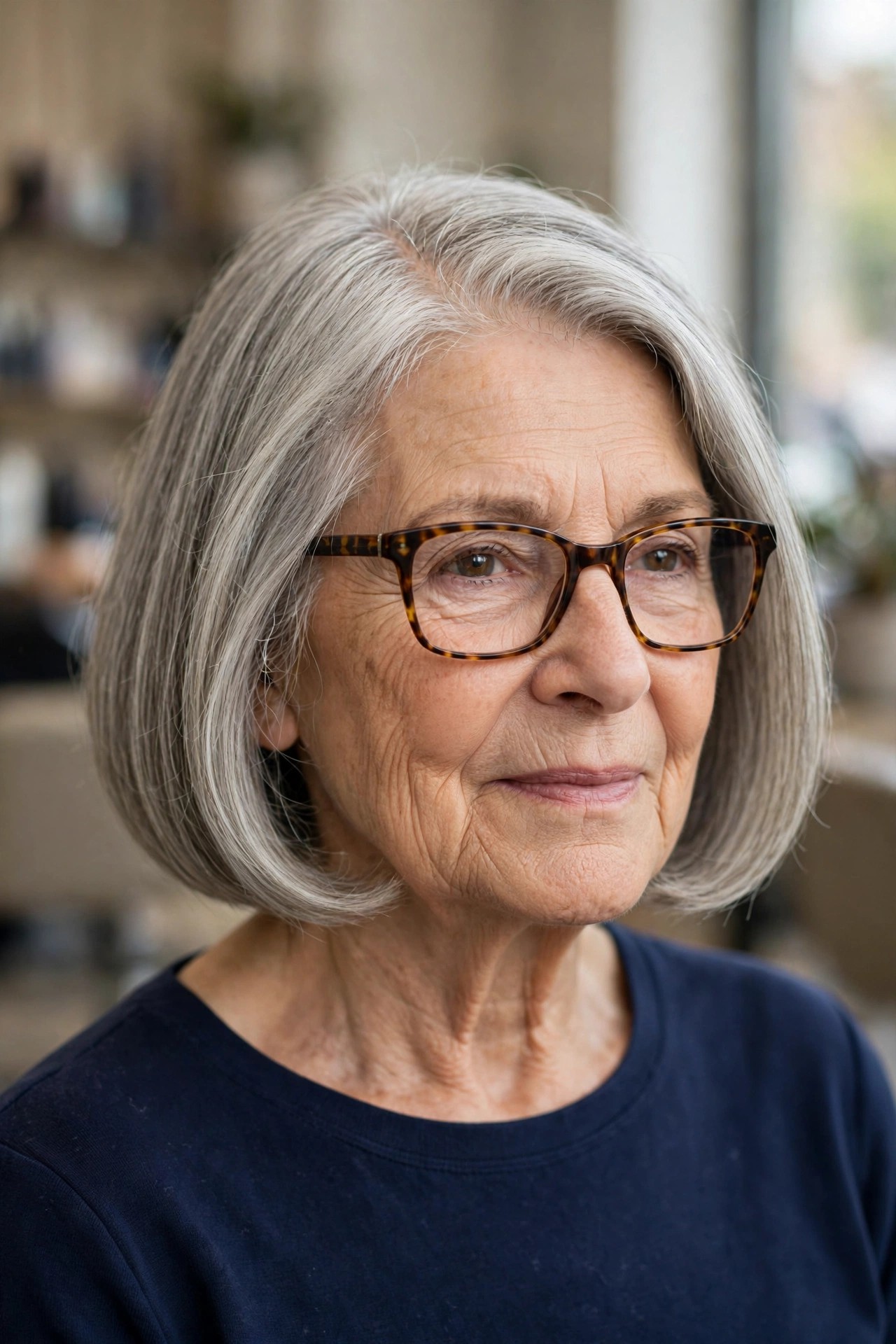 Classic Chin-Length Bob with a Deep Side Part - hairstyle for a woman over 60 wearing glasses