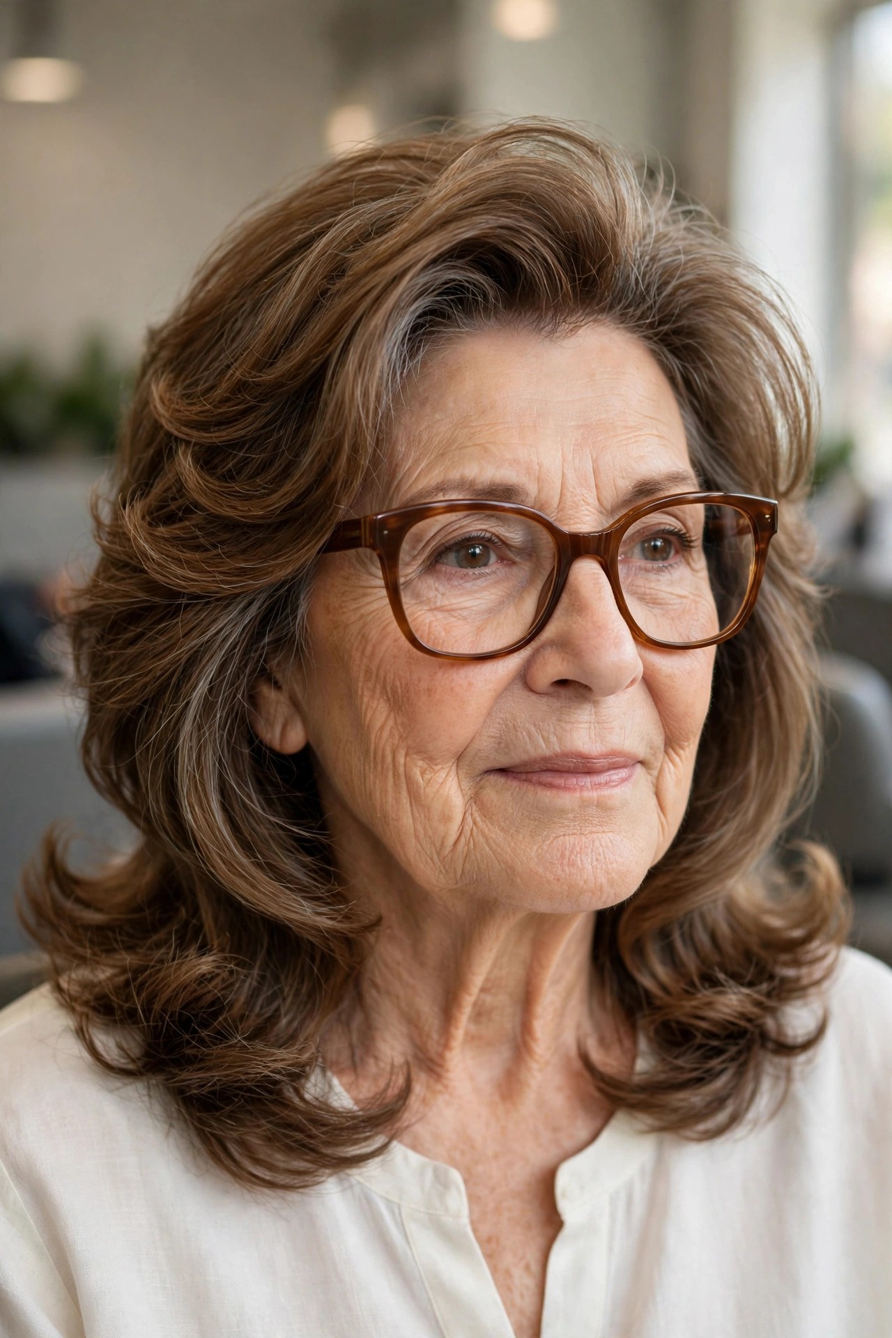 Voluminous Blowout Layers - hairstyle for a woman over 60 wearing glasses