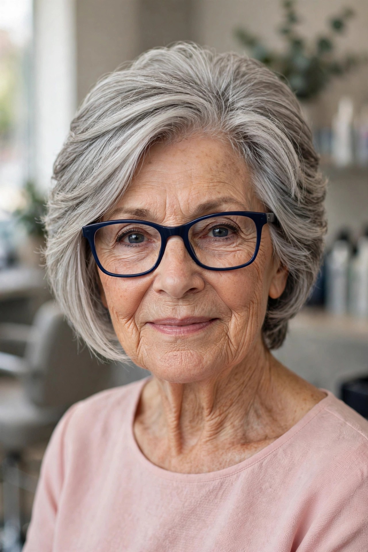 Short Stacked Bob - hairstyle for a woman over 60 wearing glasses