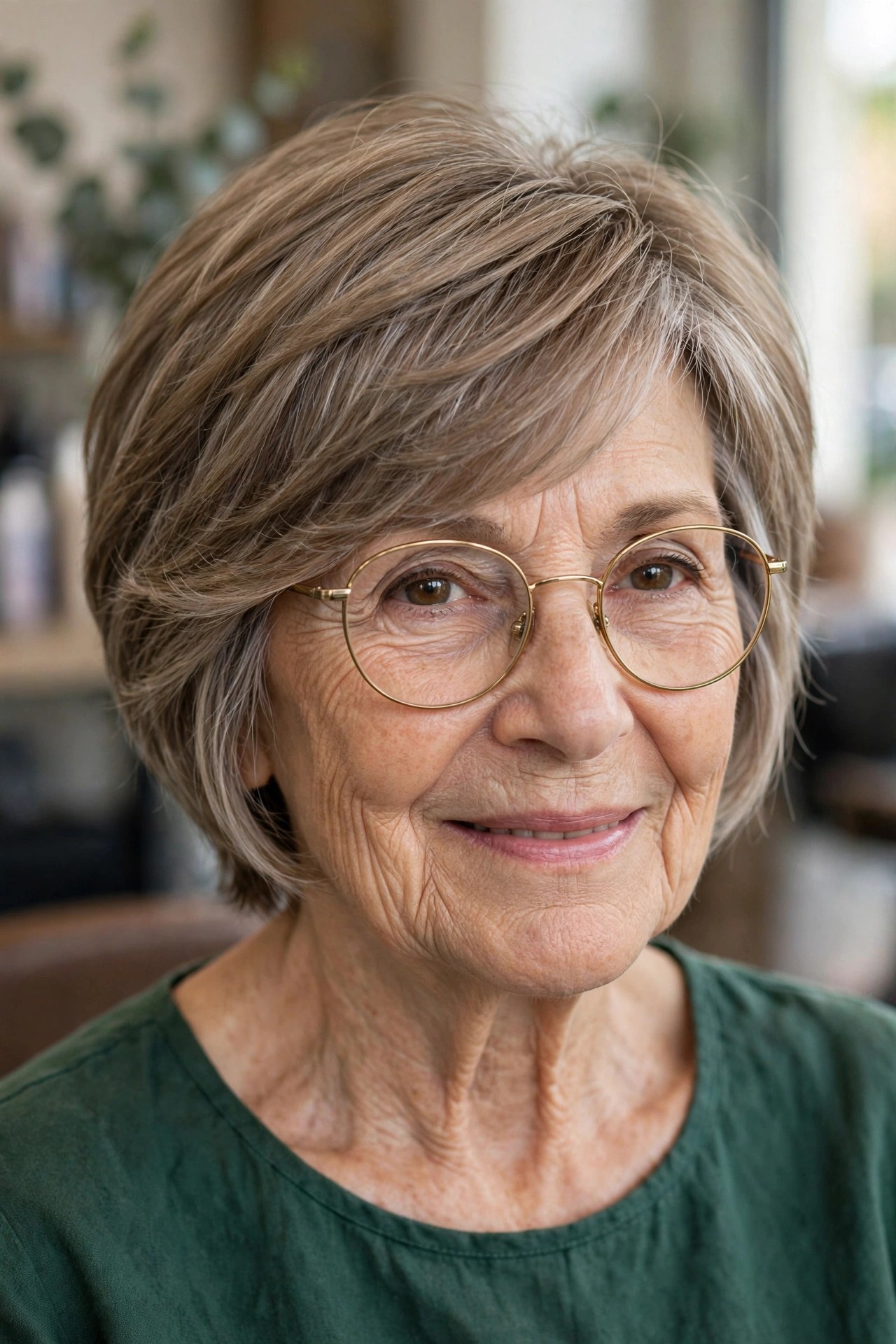 Pixie-Bob with a Side-Swept Fringe - hairstyle for a woman over 60 wearing glasses