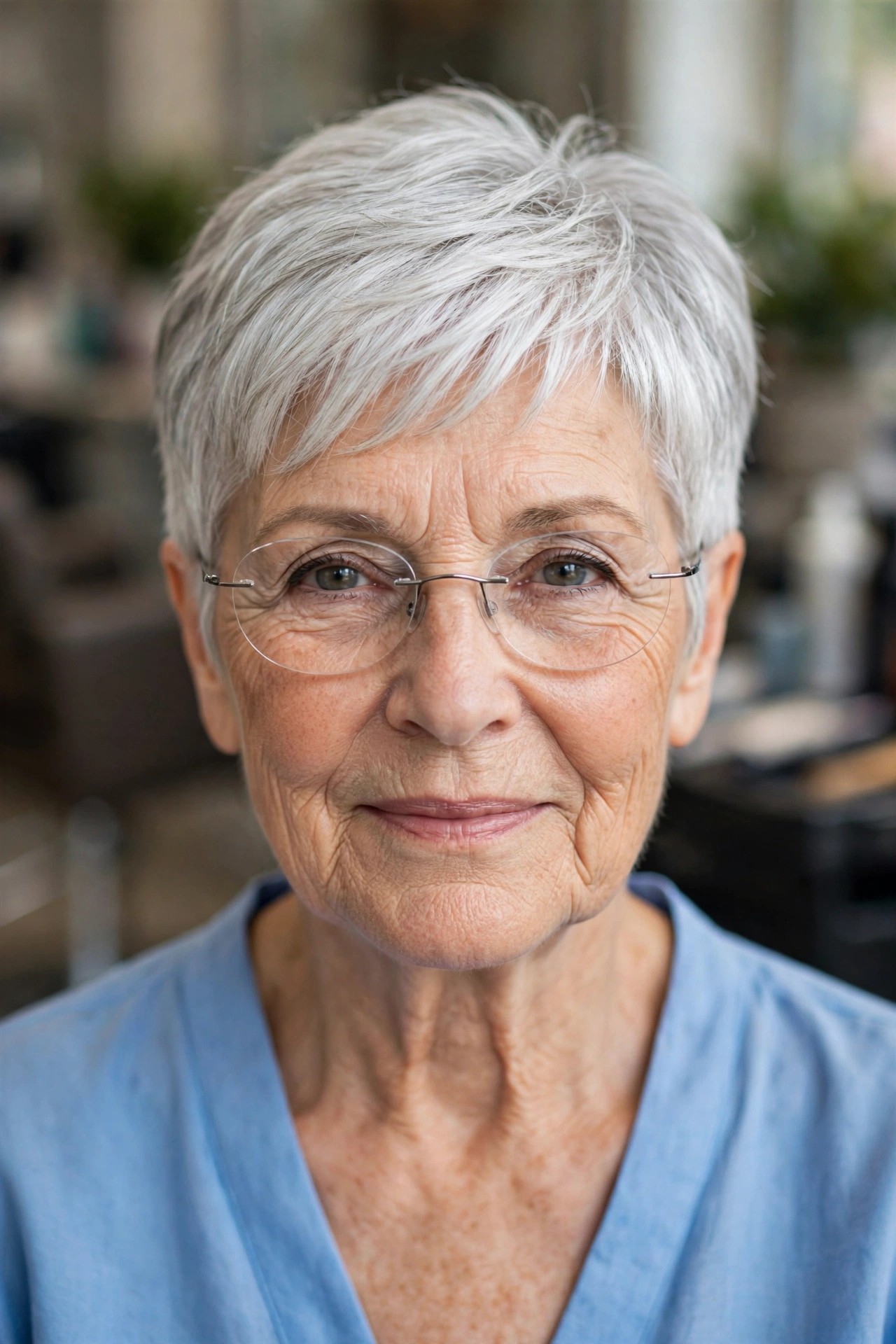Soft Tapered Silver Pixie - hairstyle for a woman over 60 wearing glasses