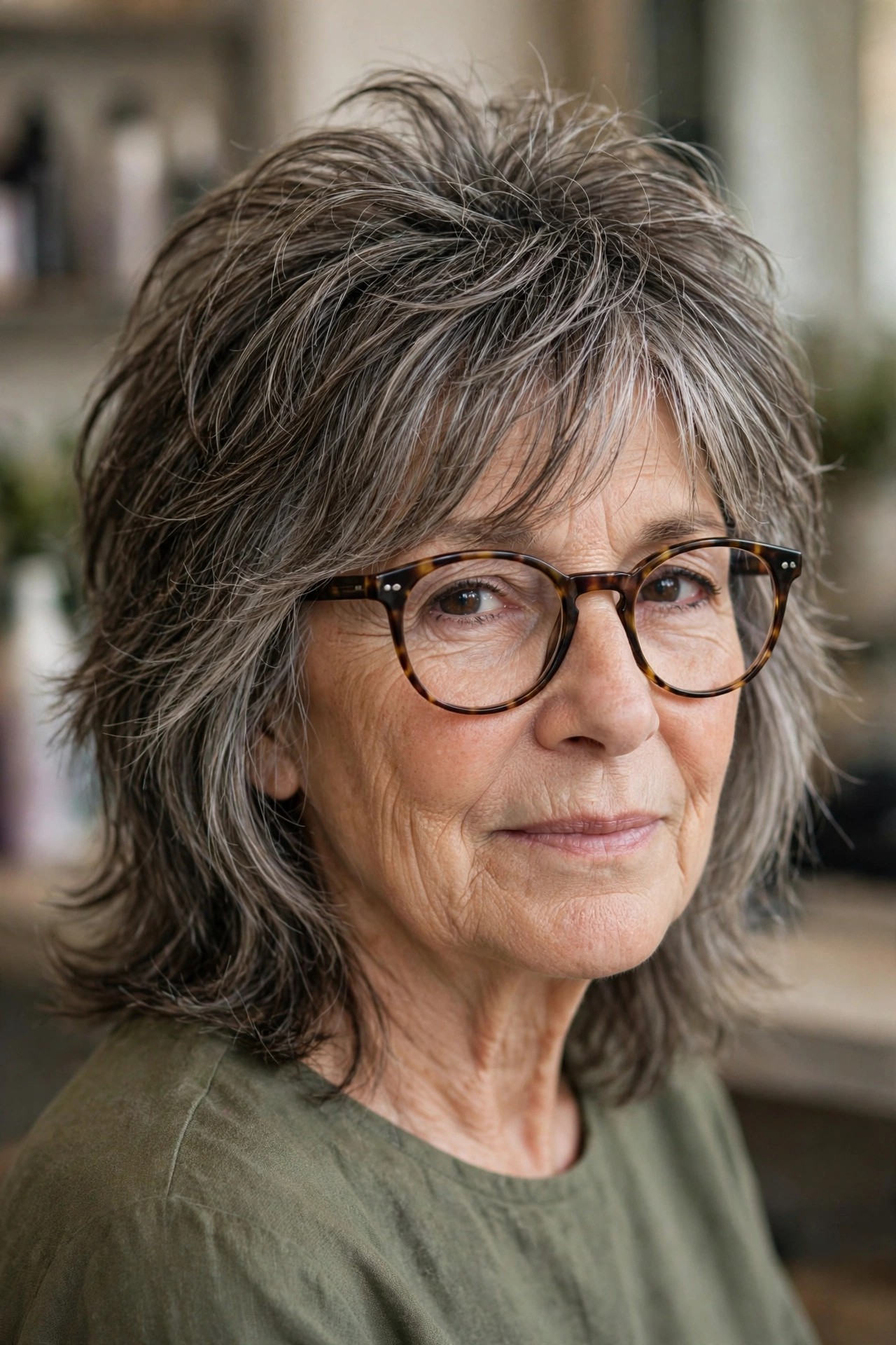Layered Shag with Feathered Ends - hairstyle for a woman over 60 wearing glasses