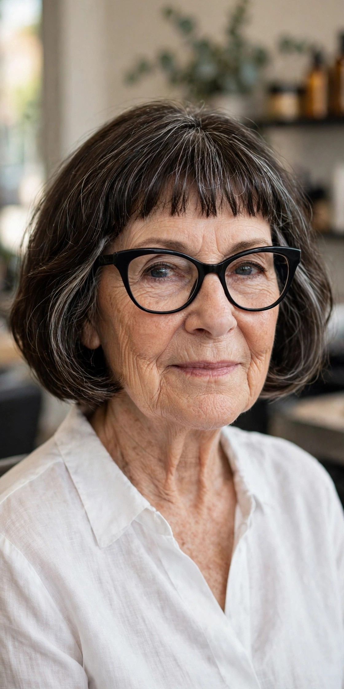 Chin-Length French Bob with a Mini Fringe - hairstyle for a woman over 60 wearing glasses