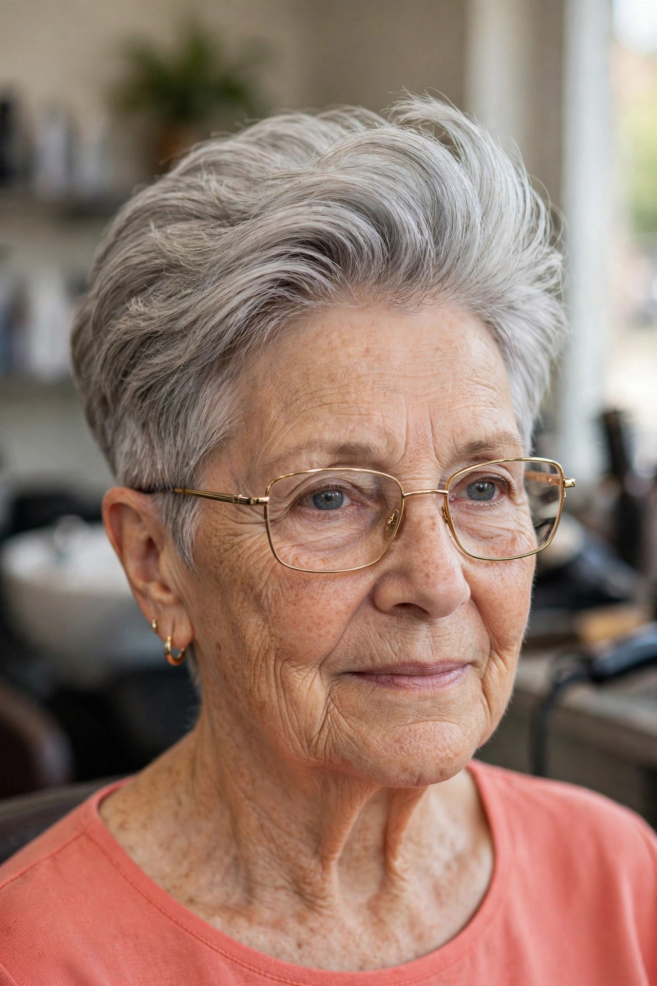 Long-Top Pixie with a Lifted Crown - hairstyle for a woman over 60 wearing glasses